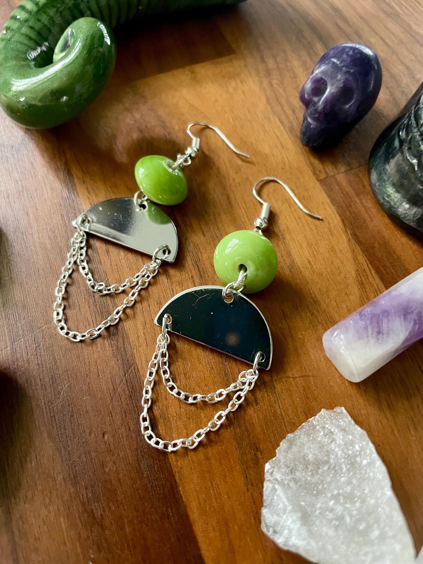 Vintage Green Bead silver semi-circle dangle earrings | Witchy Boho dangly drop Statement Earrings | Nickel Free Hypoallergic ear wires