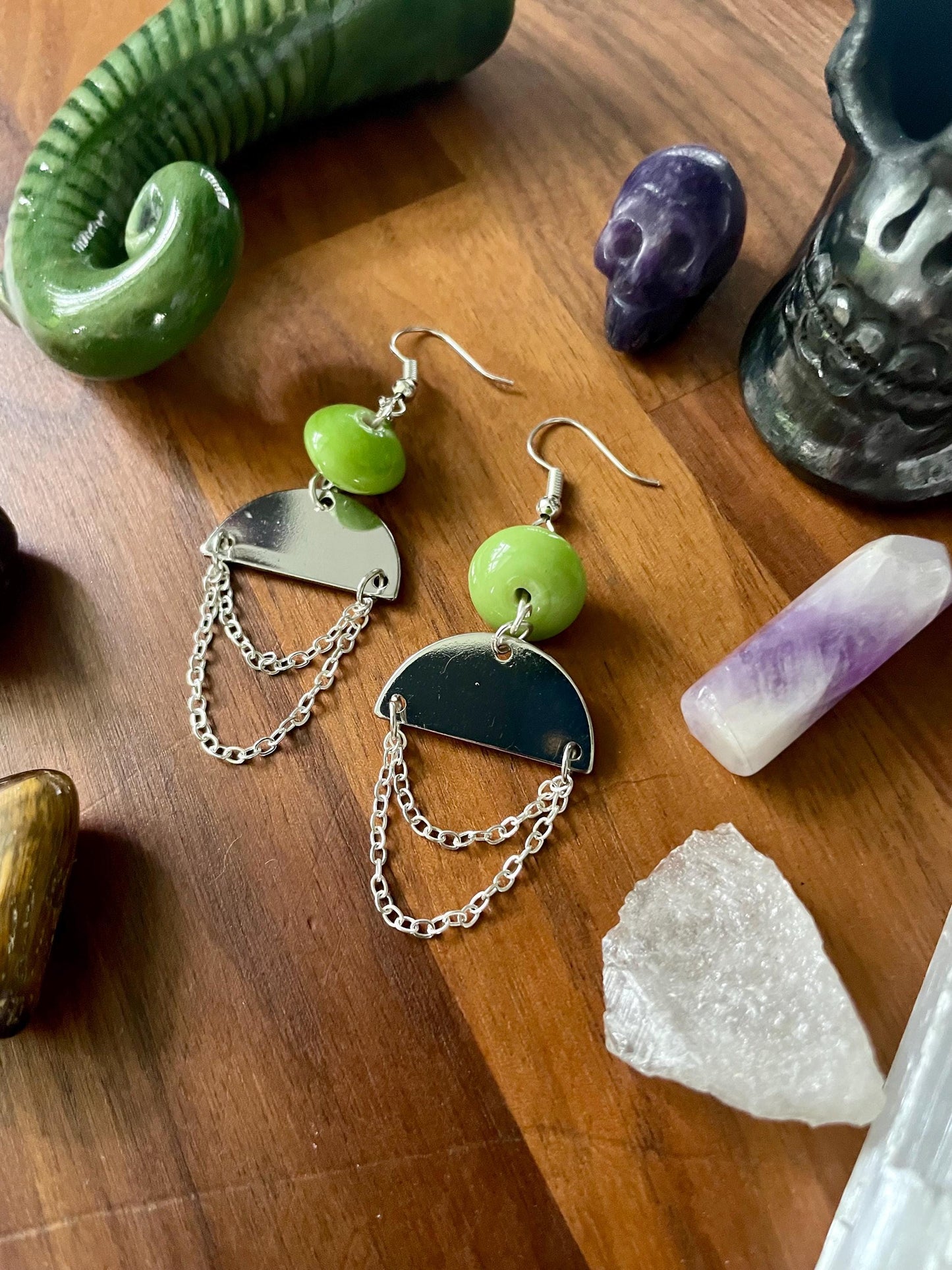Vintage Green Bead silver semi-circle dangle earrings | Witchy Boho dangly drop Statement Earrings | Nickel Free Hypoallergic ear wires
