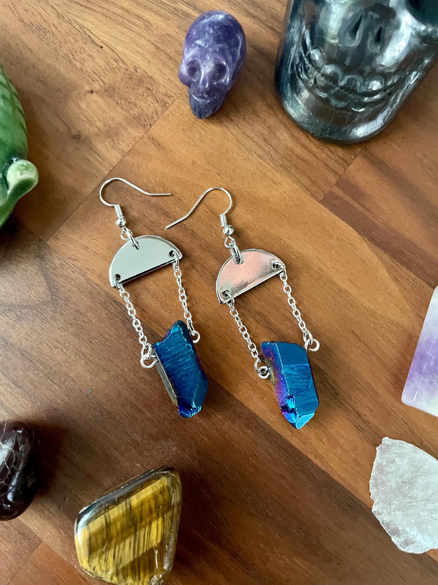 Sapphire Luster Quartz silver semi-circle dangle statement earrings | Nickel Free Hypoallergic plated steel ear wires | Witchy Boho Earrings