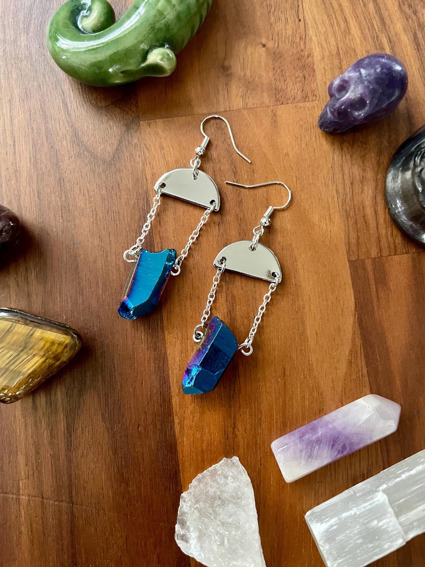 Sapphire Luster Quartz silver semi-circle dangle statement earrings | Nickel Free Hypoallergic plated steel ear wires | Witchy Boho Earrings