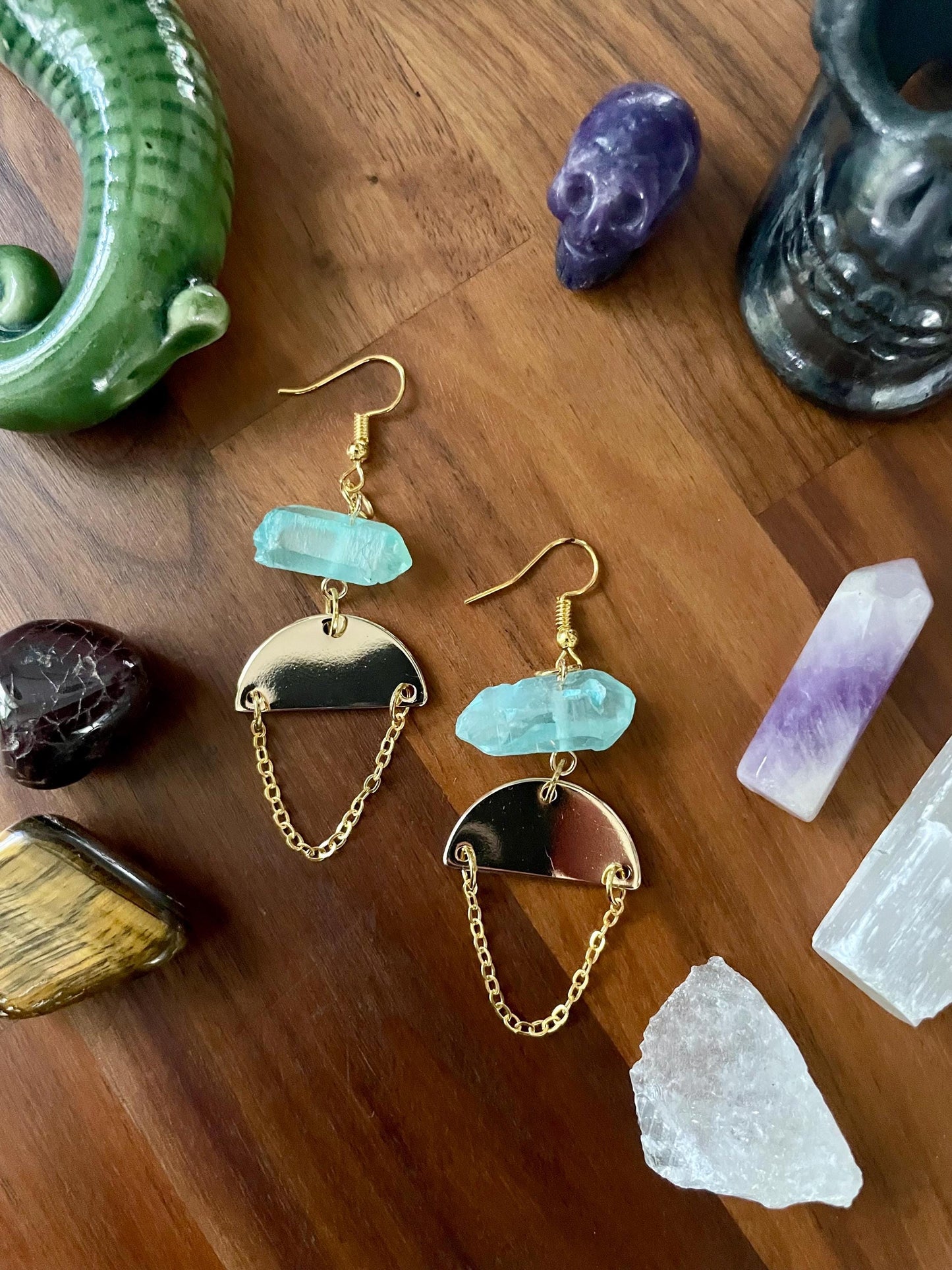 Aqua Quartz Crystal Gold Tone Half Moon Dangly Statement Earrings | Halloween gifts | Nickel Free Hypoallergic ear wires