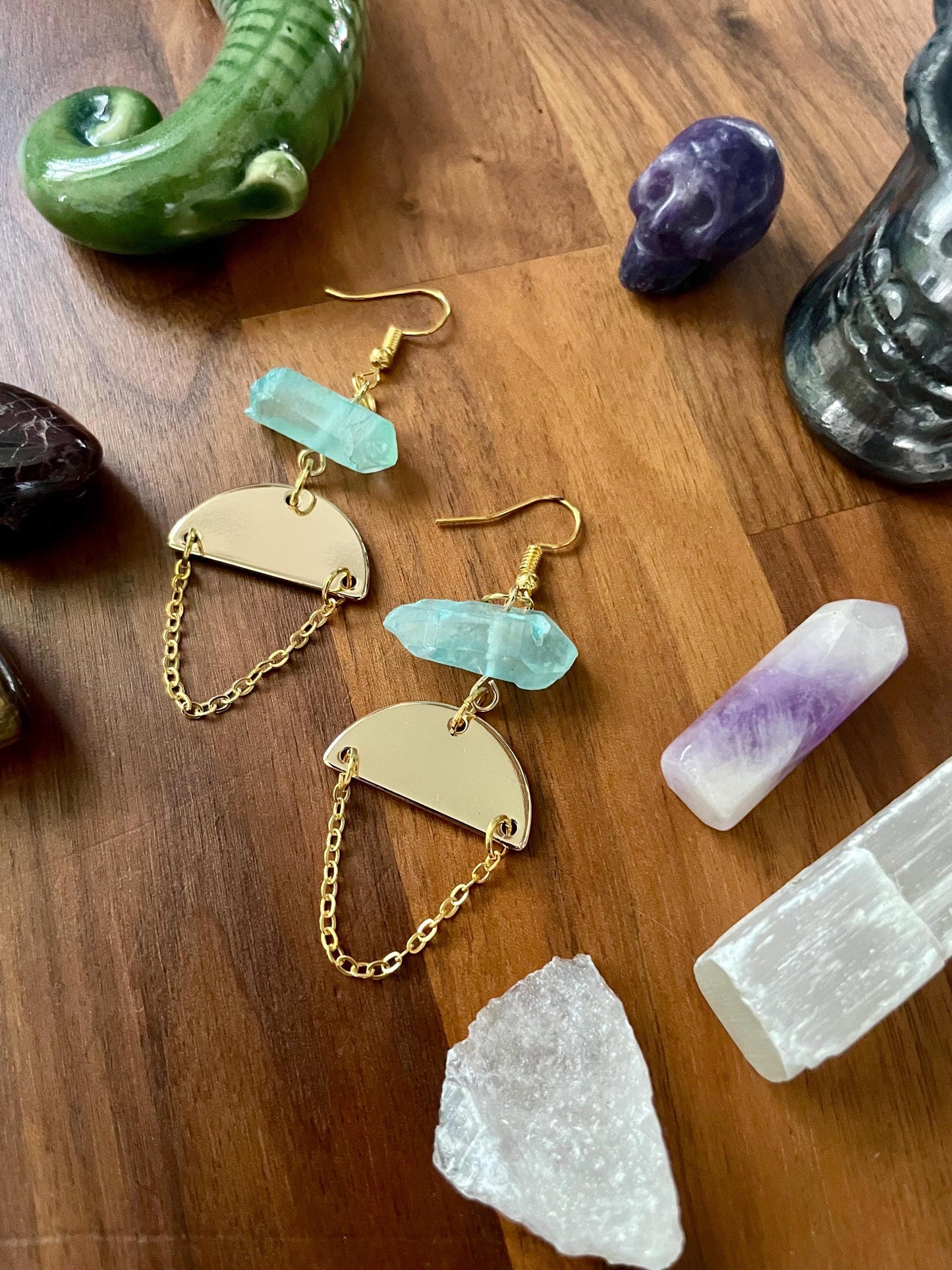 Aqua Quartz Crystal Gold Tone Half Moon Dangly Statement Earrings | Halloween gifts | Nickel Free Hypoallergic ear wires