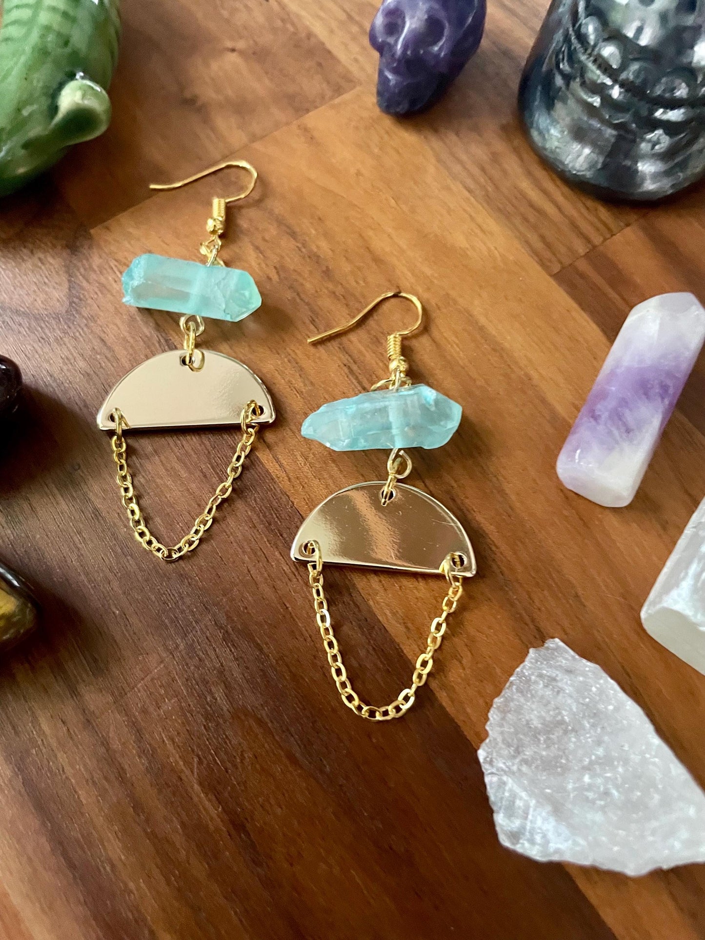 Aqua Quartz Crystal Gold Tone Half Moon Dangly Statement Earrings | Halloween gifts | Nickel Free Hypoallergic ear wires