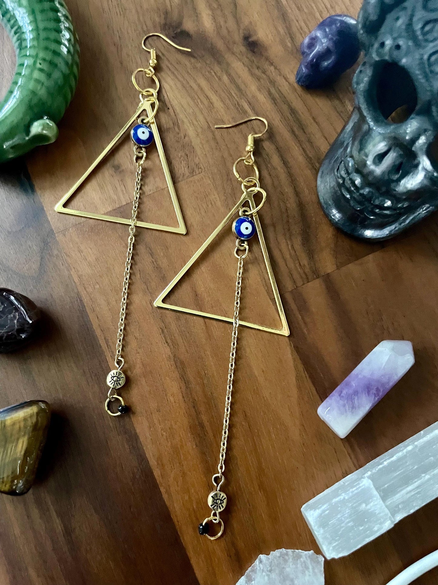 Evil eye & Gold Triangle Dangly Statement Earrings | Halloween gifts | Nickel Free Hypoallergic ear wires | new and upcycled beads