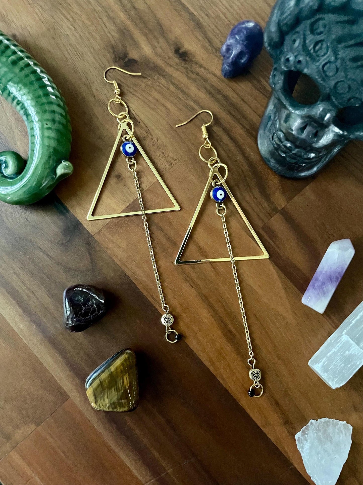 Evil eye & Gold Triangle Dangly Statement Earrings | Halloween gifts | Nickel Free Hypoallergic ear wires | new and upcycled beads