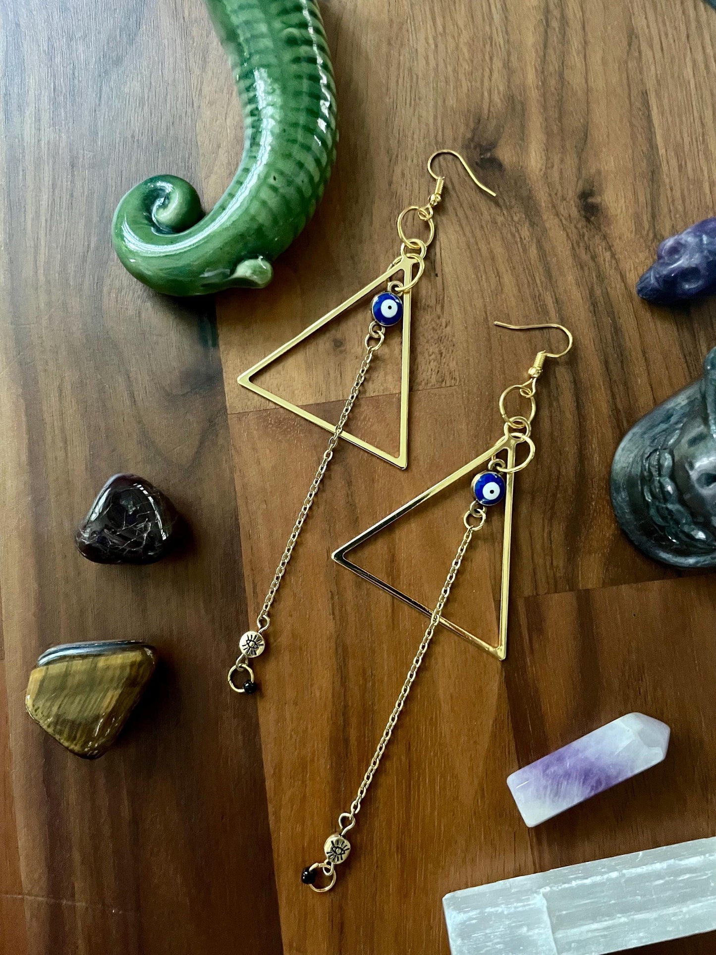 Evil eye & Gold Triangle Dangly Statement Earrings | Halloween gifts | Nickel Free Hypoallergic ear wires | new and upcycled beads
