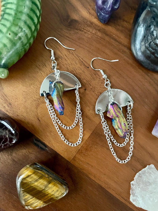 Aurora Borealis Hematite and silver semi-circle dangle statement earrings |Nickel Free Hypoallergic plated steel ear wires