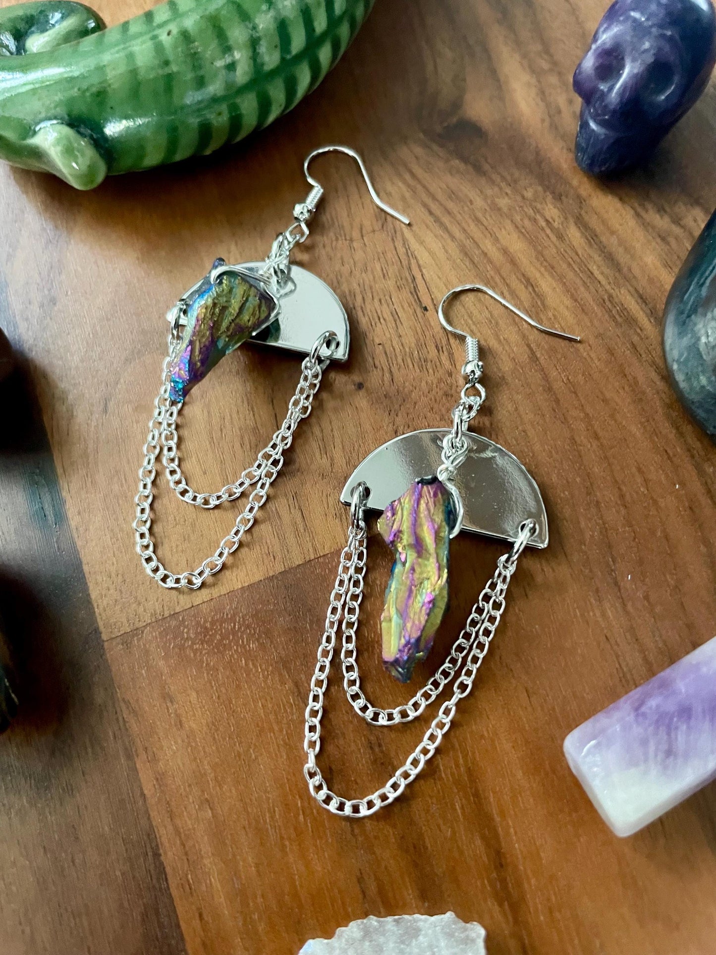 Aurora Borealis Hematite and silver semi-circle dangle statement earrings |Nickel Free Hypoallergic plated steel ear wires