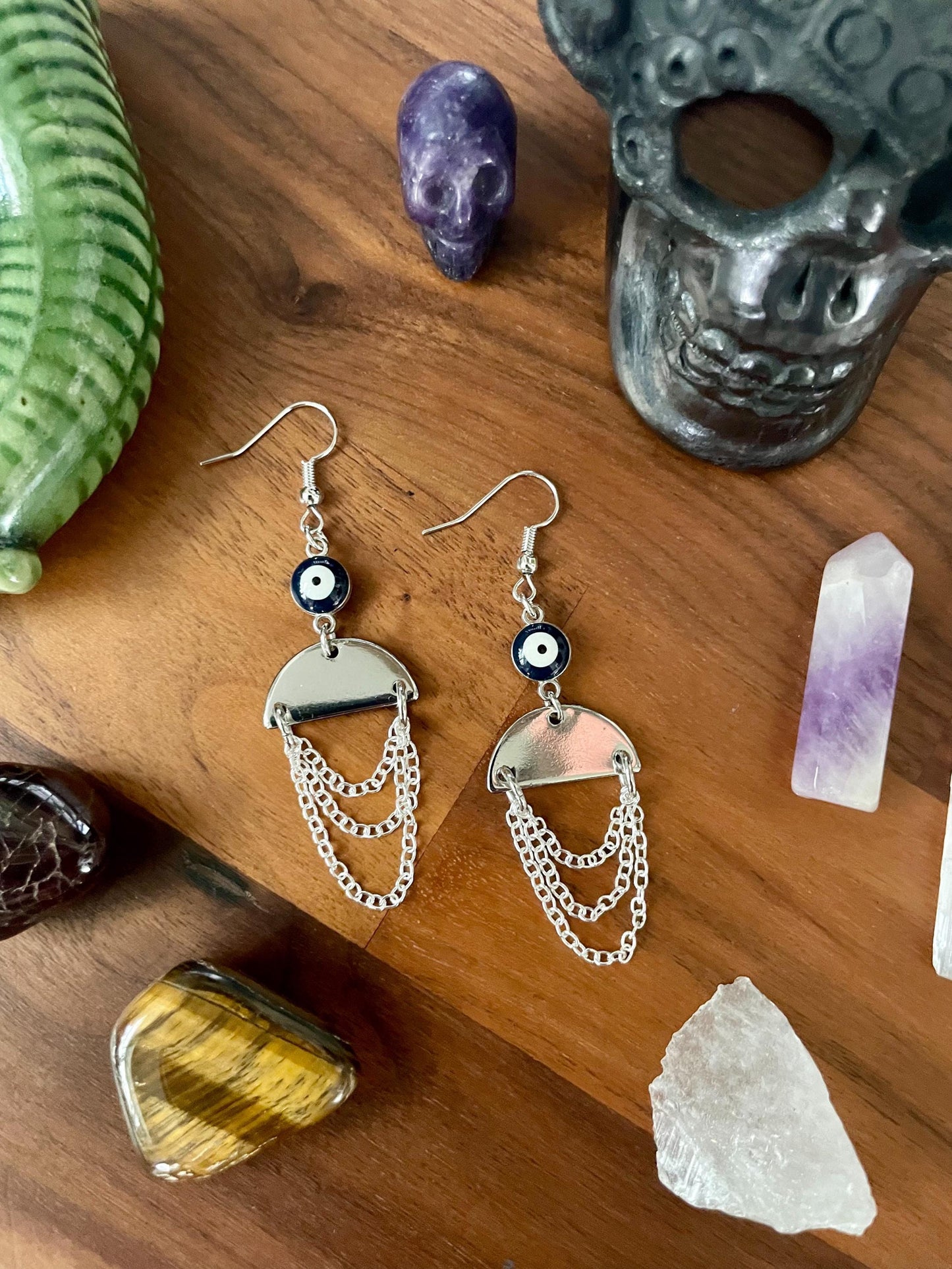 Evil eye silver semi-circle dangle earrings | Witchy Boho dangly drop Statement Earrings | Nickel Free Hypoallergic plated steel ear wires