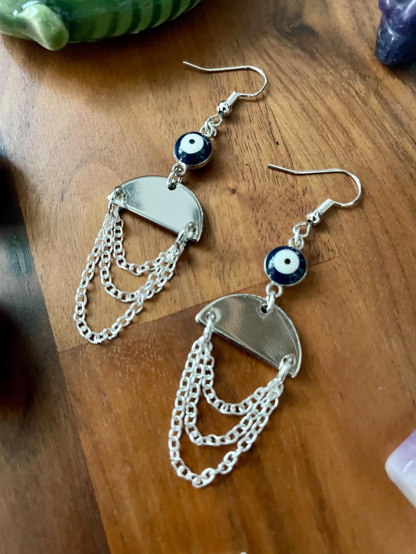 Evil eye silver semi-circle dangle earrings | Witchy Boho dangly drop Statement Earrings | Nickel Free Hypoallergic plated steel ear wires