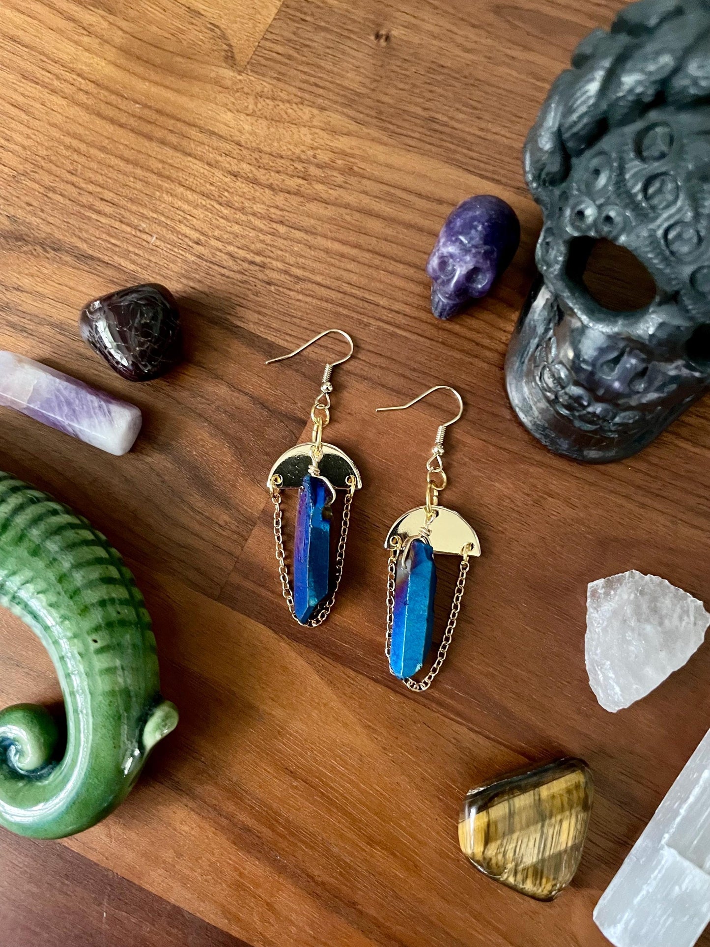 Sapphire Luster Quartz gold semi-circle dangle statement earrings | Nickel Free Hypoallergic plated steel ear wires | Witchy Boho Earrings