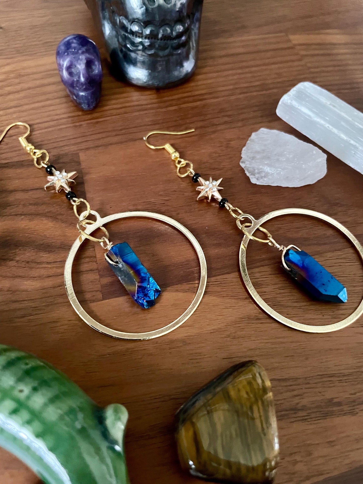 Celestial Sapphire Luster Quartz twinkle star gold dangle statement earrings | Nickel Free Hypoallergic ear wires | Witchy Boho Earrings
