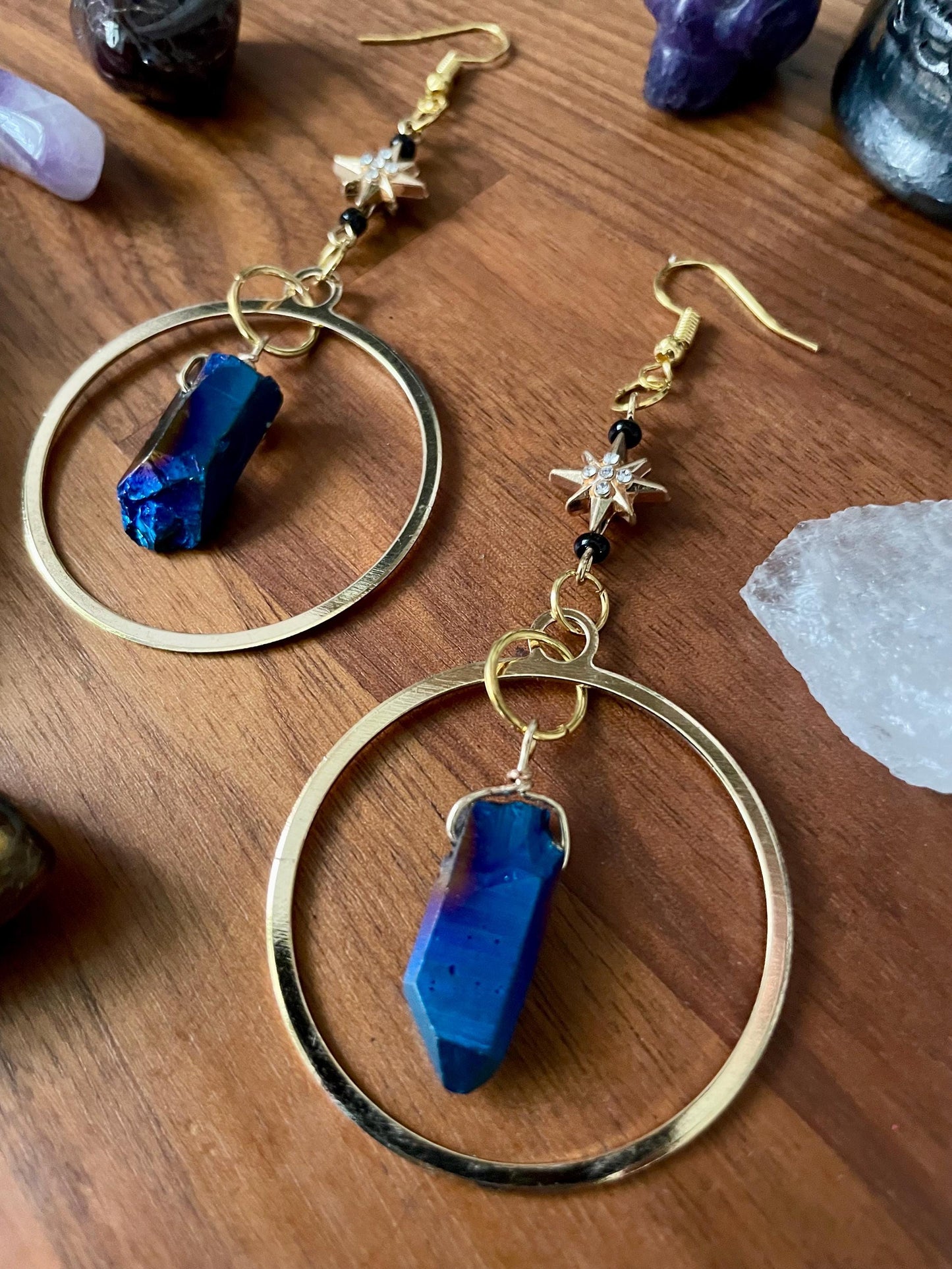 Celestial Sapphire Luster Quartz twinkle star gold dangle statement earrings | Nickel Free Hypoallergic ear wires | Witchy Boho Earrings