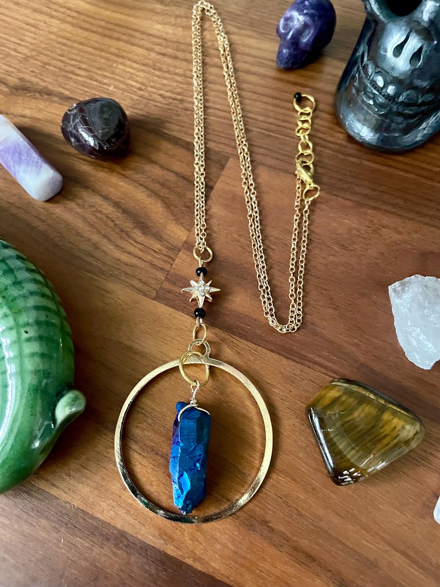 Celestial Sapphire Luster Quartz twinkle star gold dangle statement Necklace | Nickel Free Hypoallergic chains | Witchy Boho Necklace