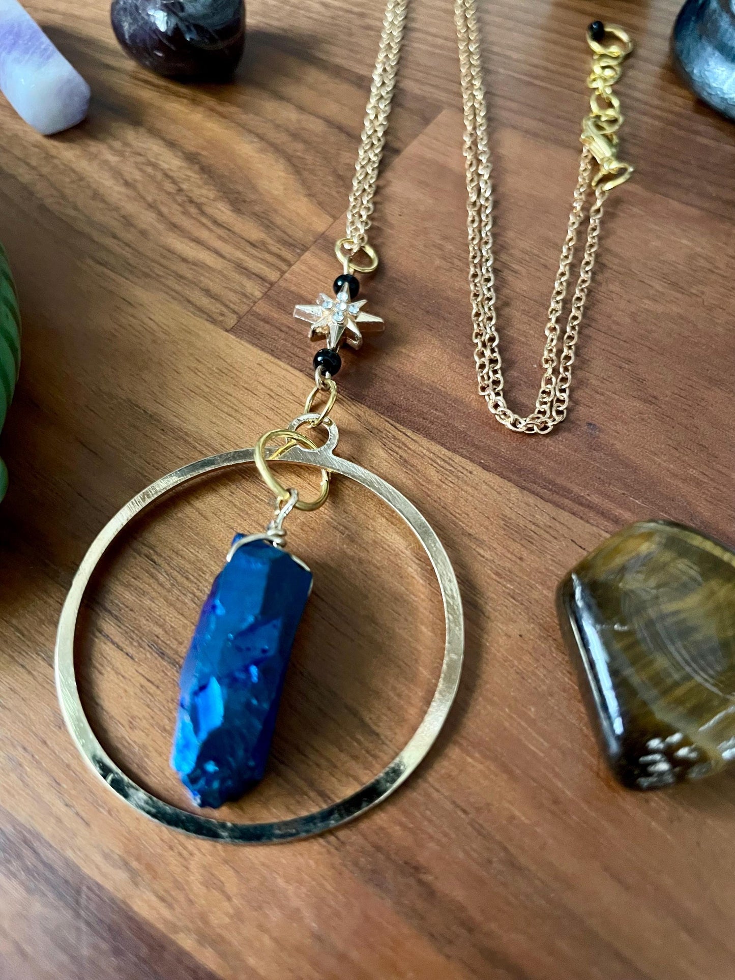 Celestial Sapphire Luster Quartz twinkle star gold dangle statement Necklace | Nickel Free Hypoallergic chains | Witchy Boho Necklace