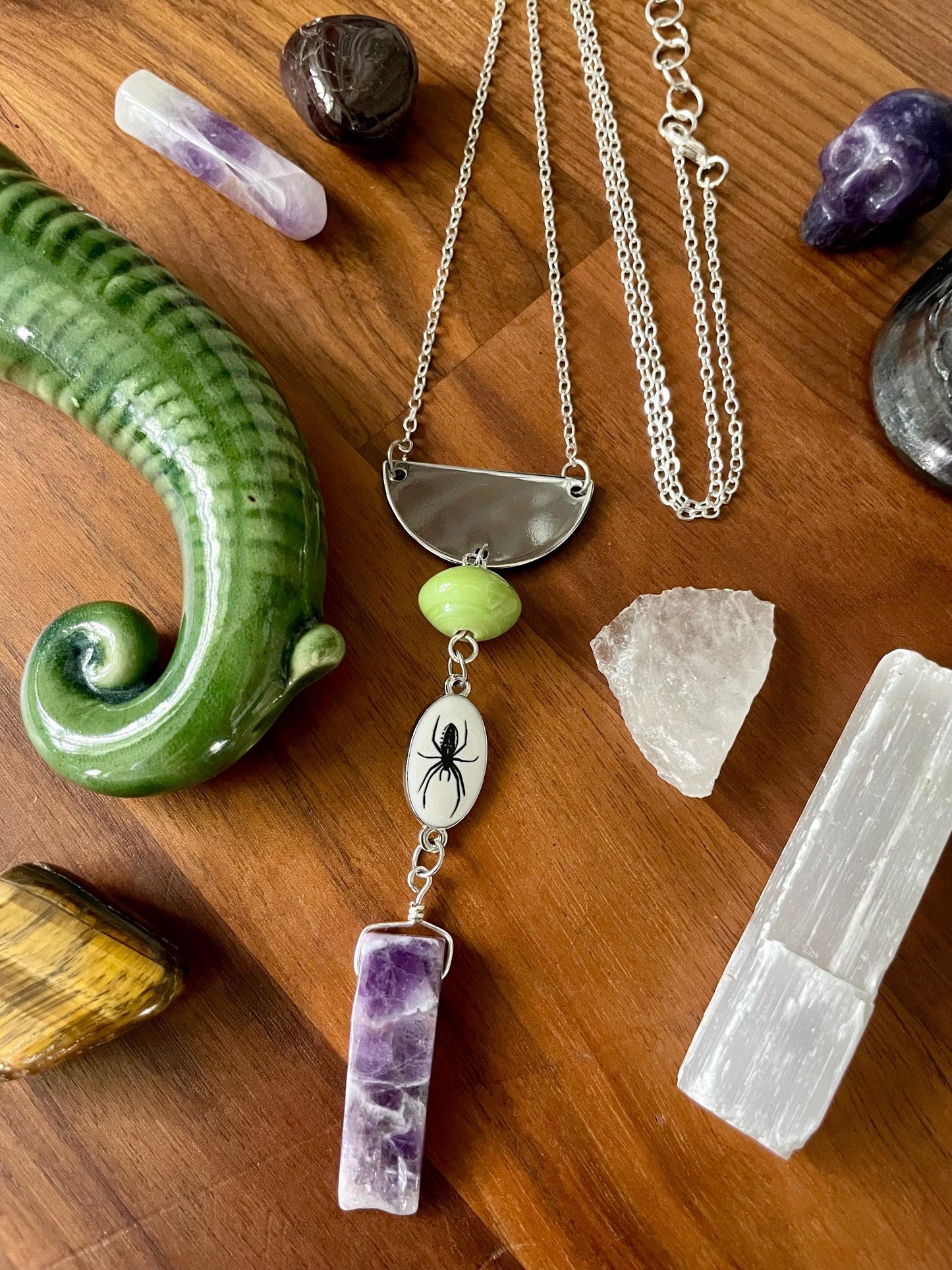 Amethyst spider statement necklace | Green and Purple Witchy Boho Halloween Necklace | Nickel Free Hypoallergic chain
