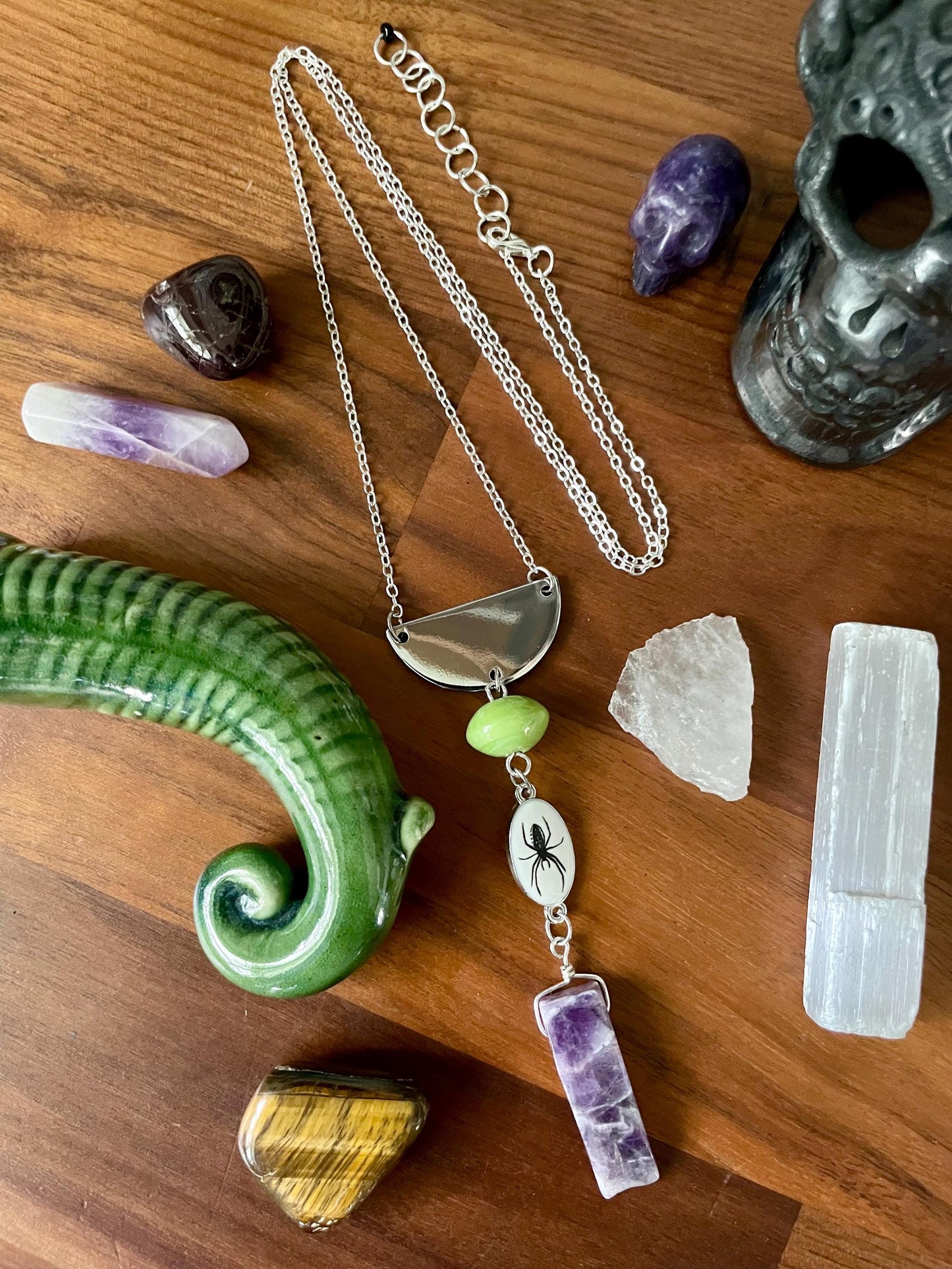 Amethyst spider statement necklace | Green and Purple Witchy Boho Halloween Necklace | Nickel Free Hypoallergic chain