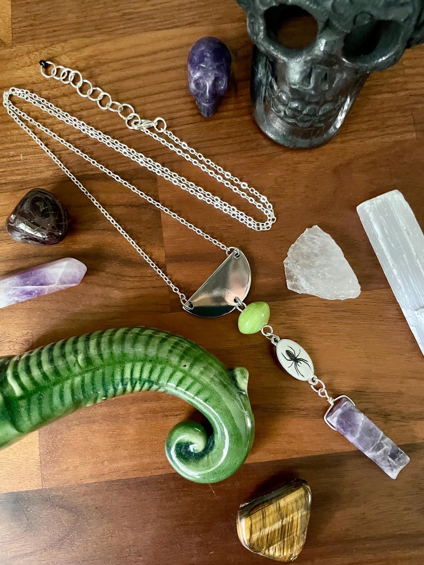 Amethyst spider statement necklace | Green and Purple Witchy Boho Halloween Necklace | Nickel Free Hypoallergic chain