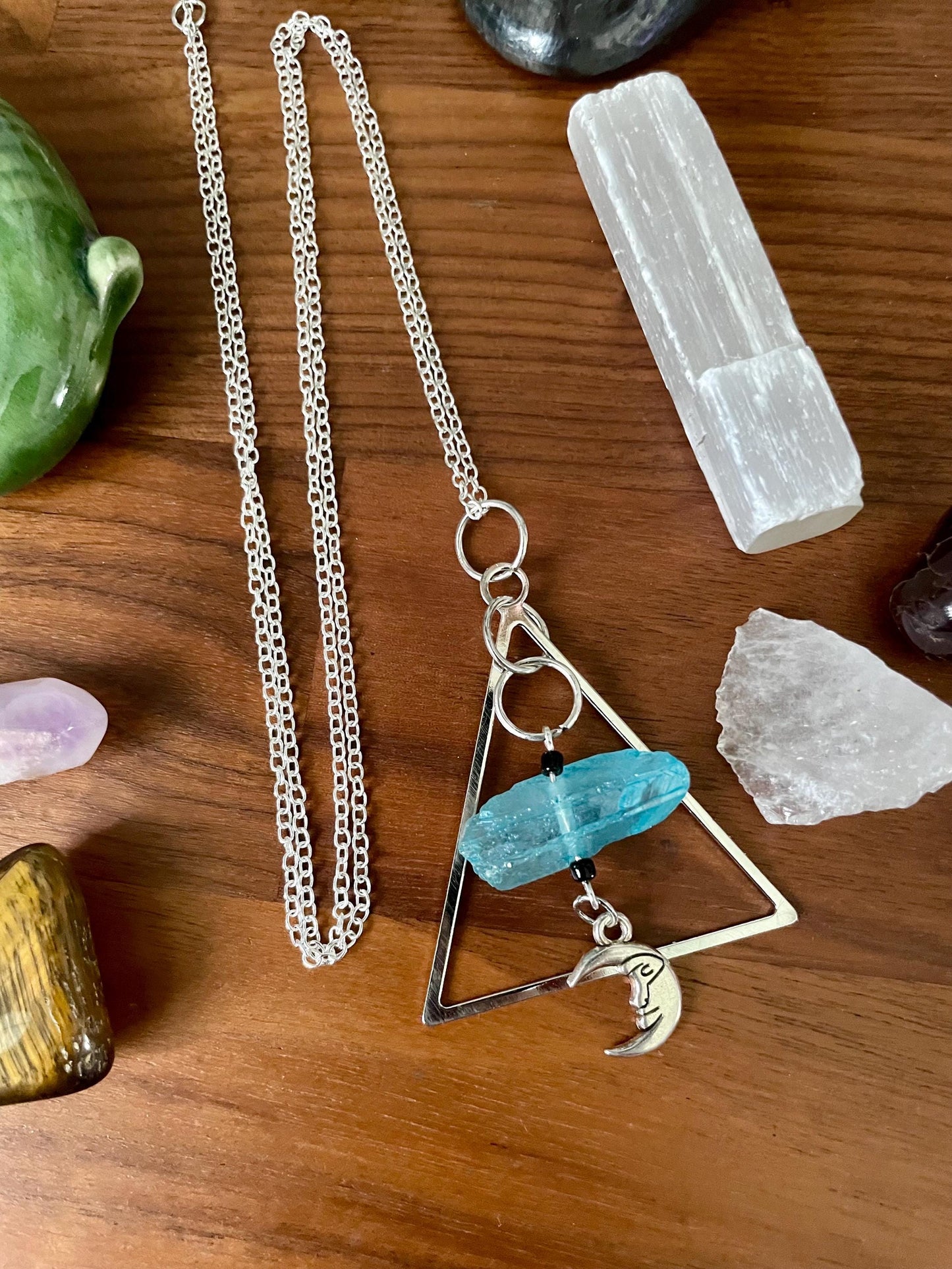 Aqua Quartz Crystal Silver Tone Man in the Moon Dangly Triangle Statement Necklace | Halloween gifts | Nickel Free Hypoallergic chains