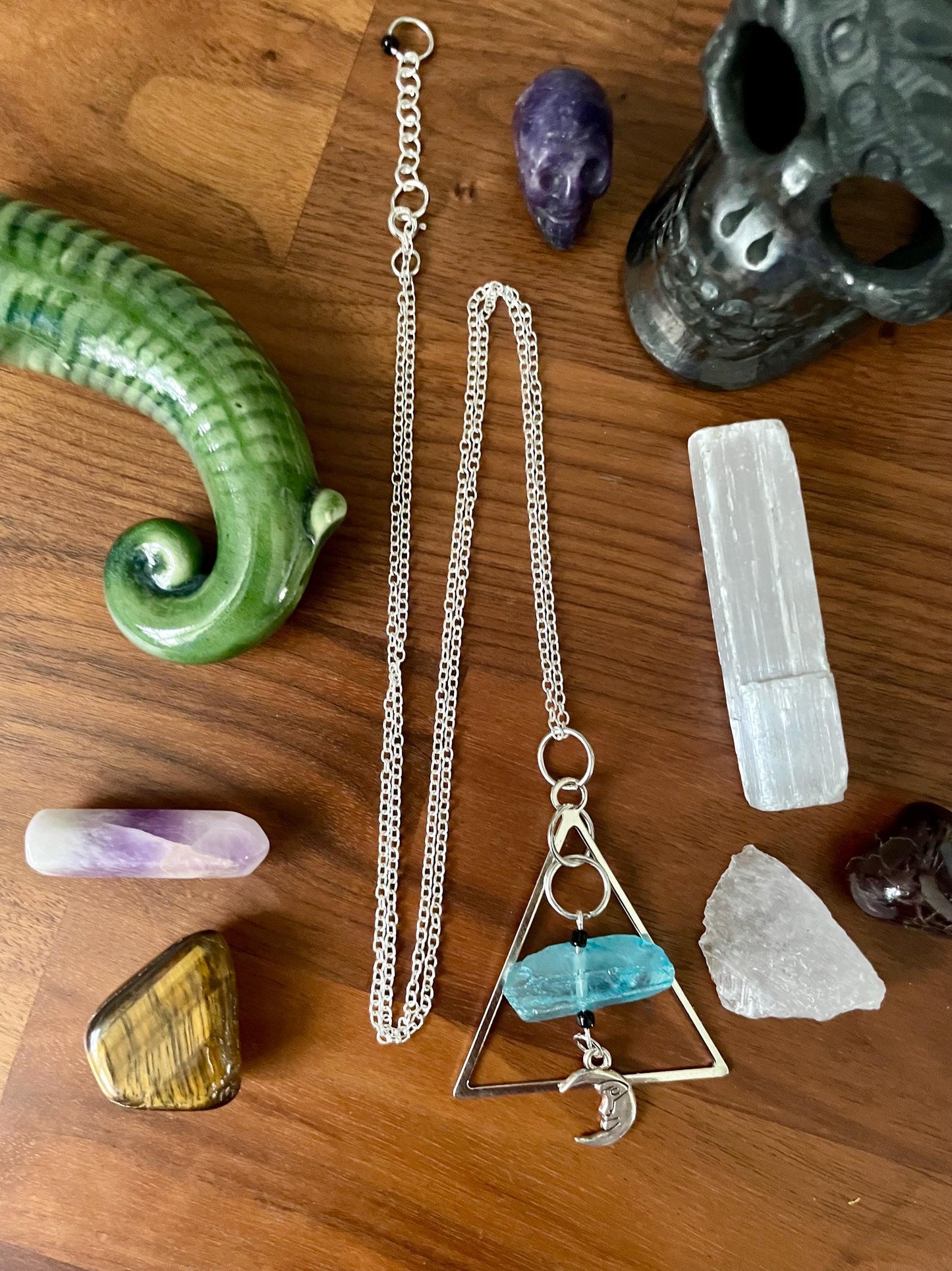 Aqua Quartz Crystal Silver Tone Man in the Moon Dangly Triangle Statement Necklace | Halloween gifts | Nickel Free Hypoallergic chains