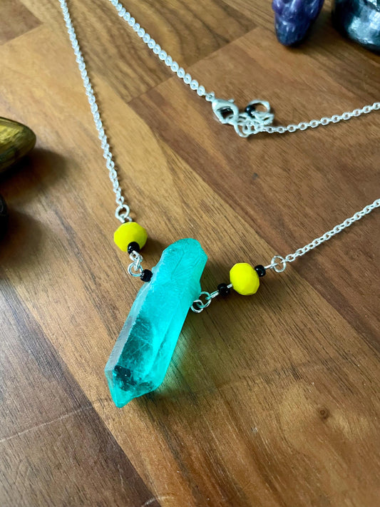 Handcrafted Sedona Quartz Crystal Statement Necklace yellow glass faceted beads | Nickel Free Hypoallergic steel chain