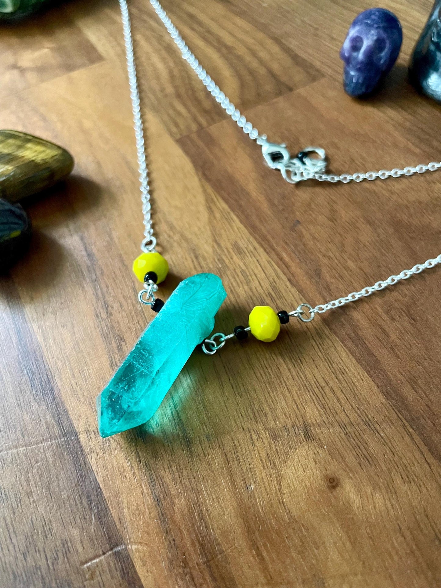 Handcrafted Sedona Quartz Crystal Statement Necklace yellow glass faceted beads | Nickel Free Hypoallergic steel chain