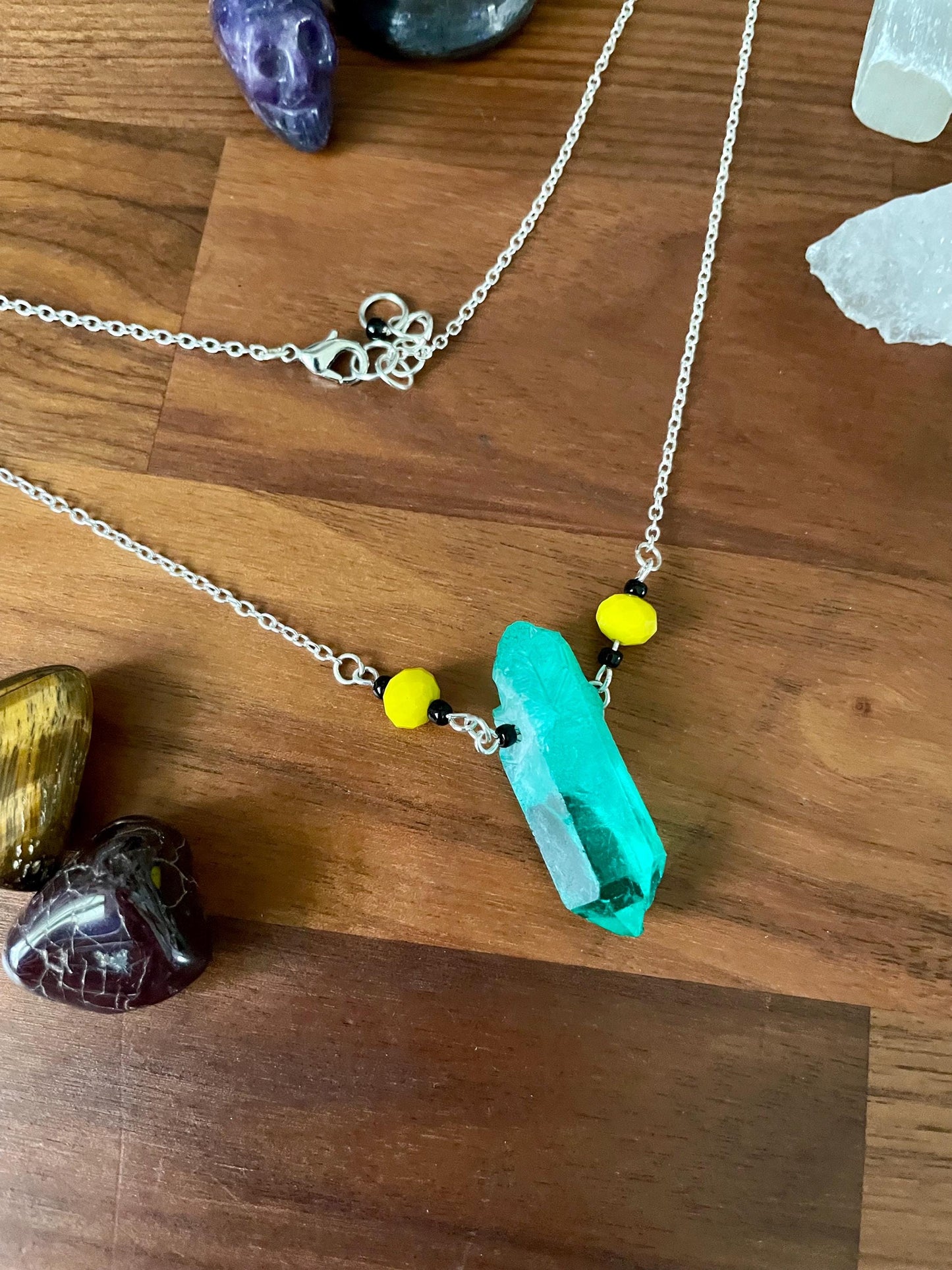 Handcrafted Sedona Quartz Crystal Statement Necklace yellow glass faceted beads | Nickel Free Hypoallergic steel chain
