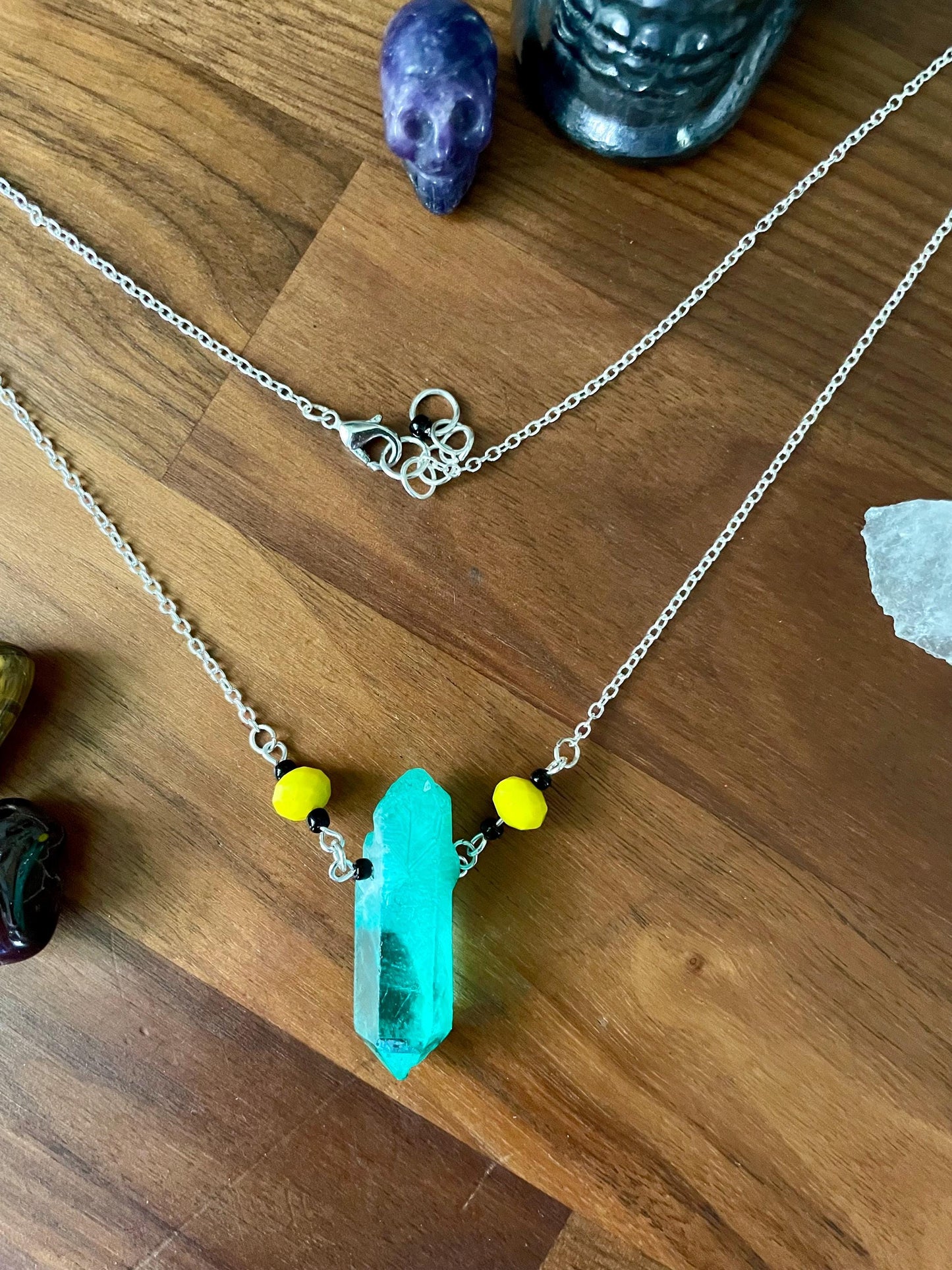 Handcrafted Sedona Quartz Crystal Statement Necklace yellow glass faceted beads | Nickel Free Hypoallergic steel chain