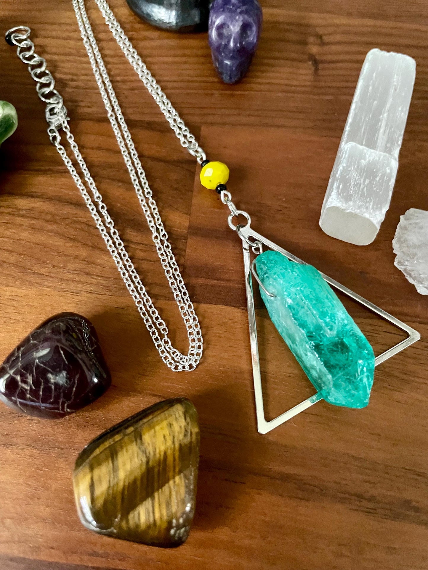 Handcrafted Sedona Quartz Crystal Triangle Statement Necklace with yellow glass faceted bead | Nickel Free Hypoallergic steel chain