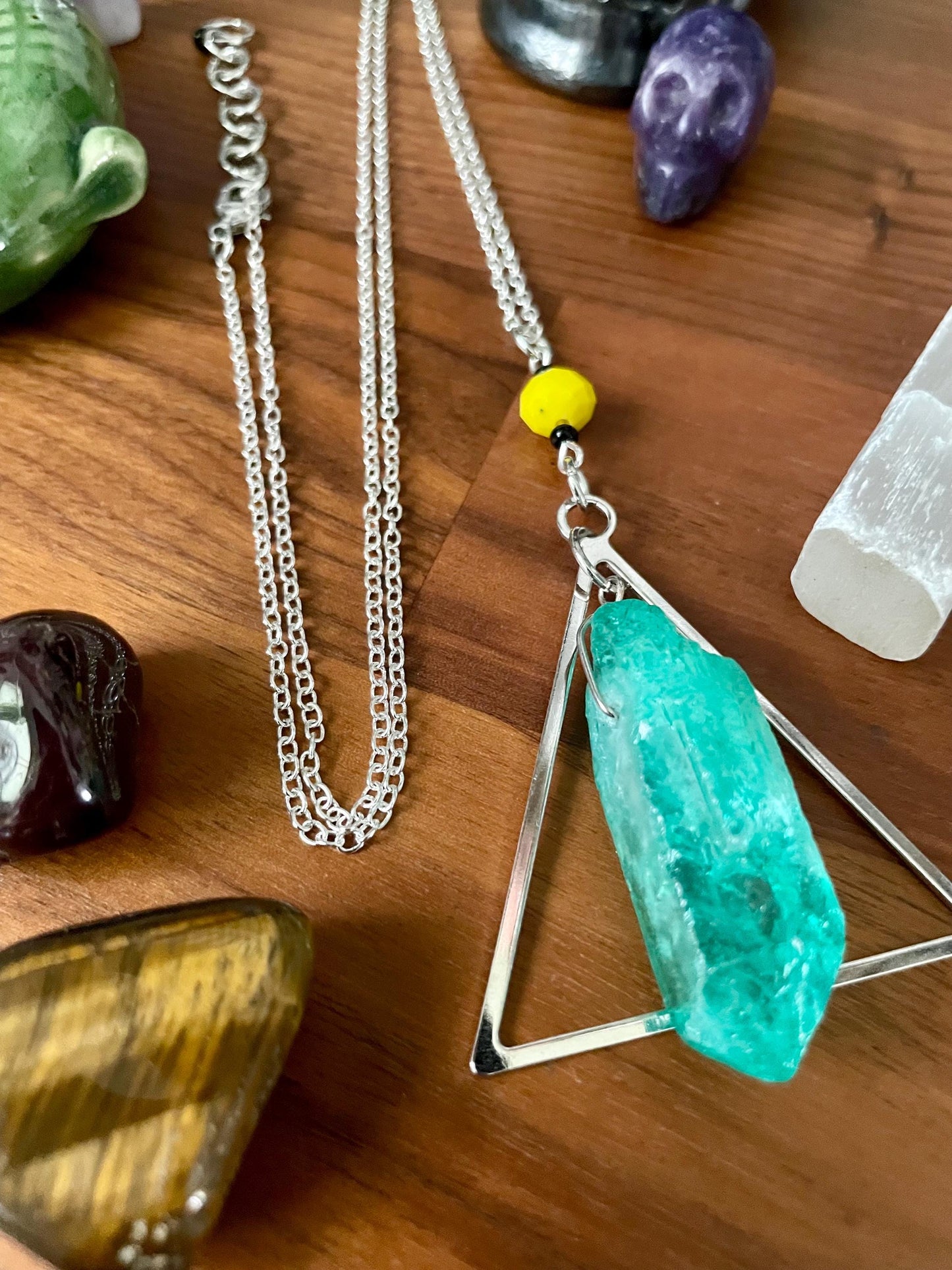 Handcrafted Sedona Quartz Crystal Triangle Statement Necklace with yellow glass faceted bead | Nickel Free Hypoallergic steel chain