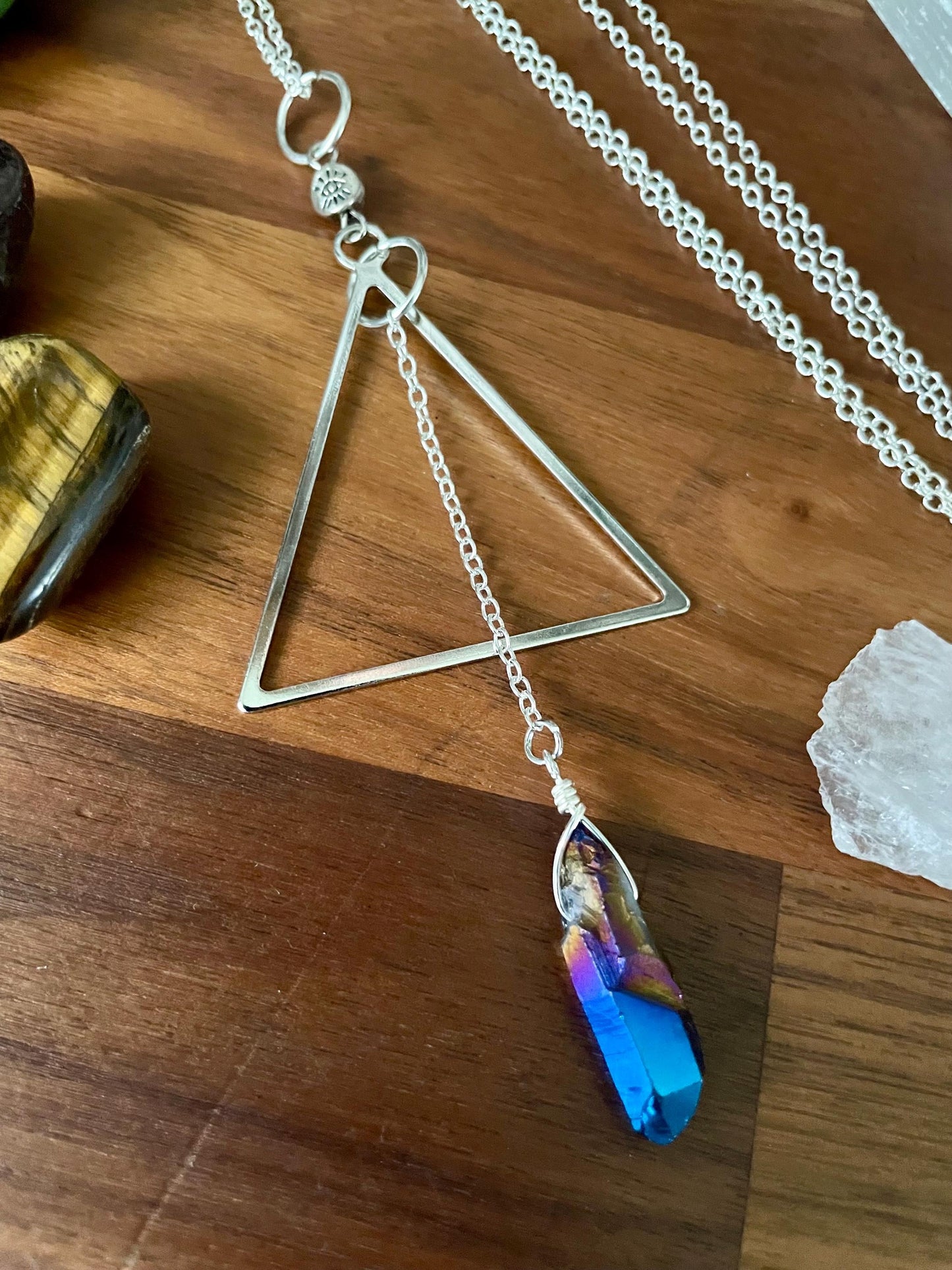 Celestial Sapphire Luster Quartz Mind's Eye Triangle dangle statement Necklace | Nickel Free Hypoallergic chains | Witchy Boho Necklace