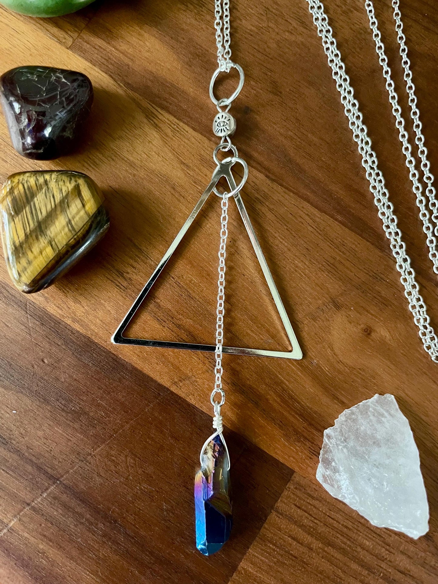 Celestial Sapphire Luster Quartz Mind's Eye Triangle dangle statement Necklace | Nickel Free Hypoallergic chains | Witchy Boho Necklace