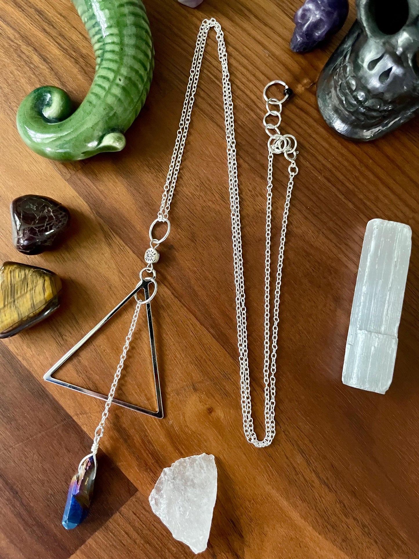 Celestial Sapphire Luster Quartz Mind's Eye Triangle dangle statement Necklace | Nickel Free Hypoallergic chains | Witchy Boho Necklace