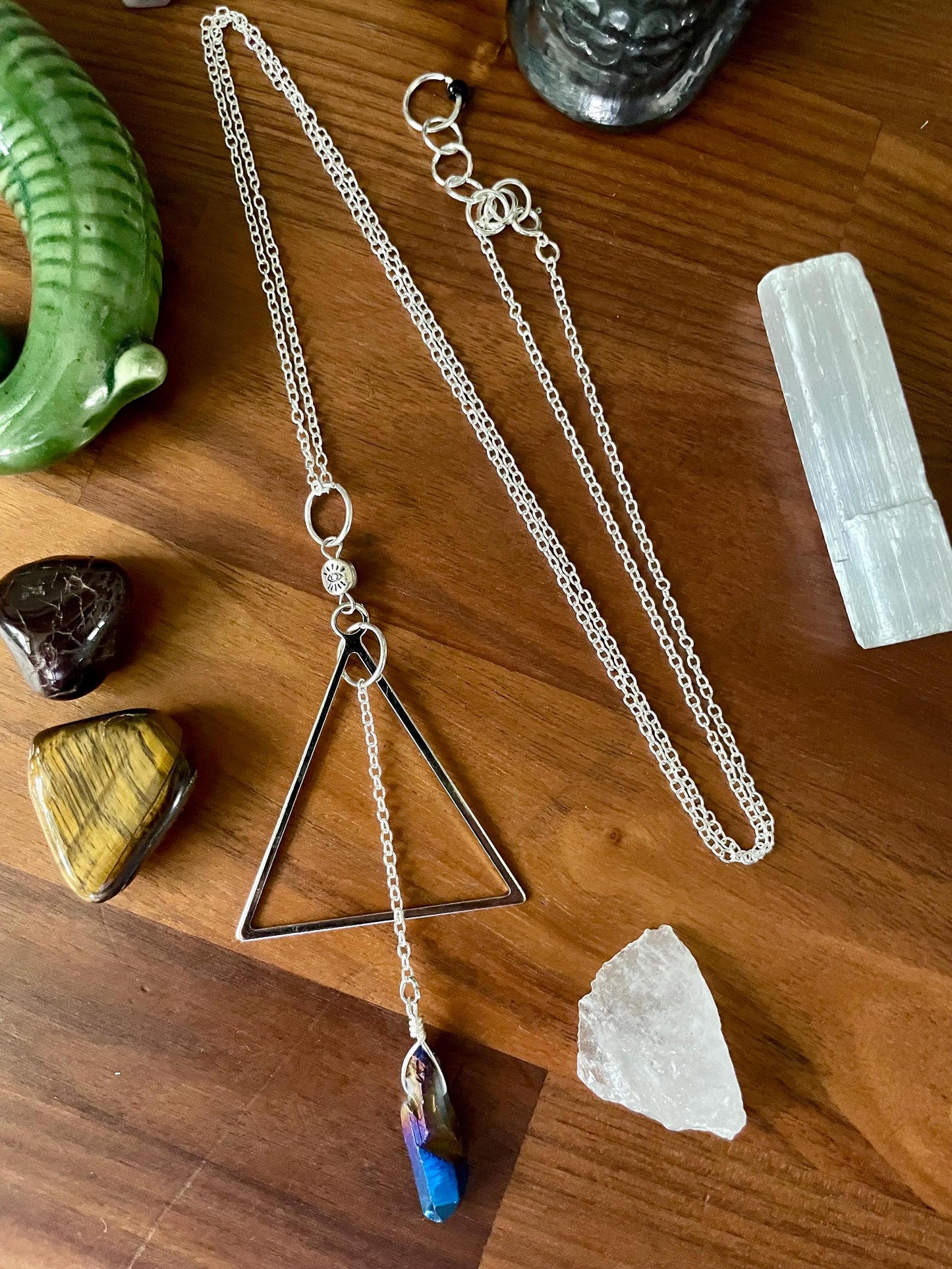 Celestial Sapphire Luster Quartz Mind's Eye Triangle dangle statement Necklace | Nickel Free Hypoallergic chains | Witchy Boho Necklace