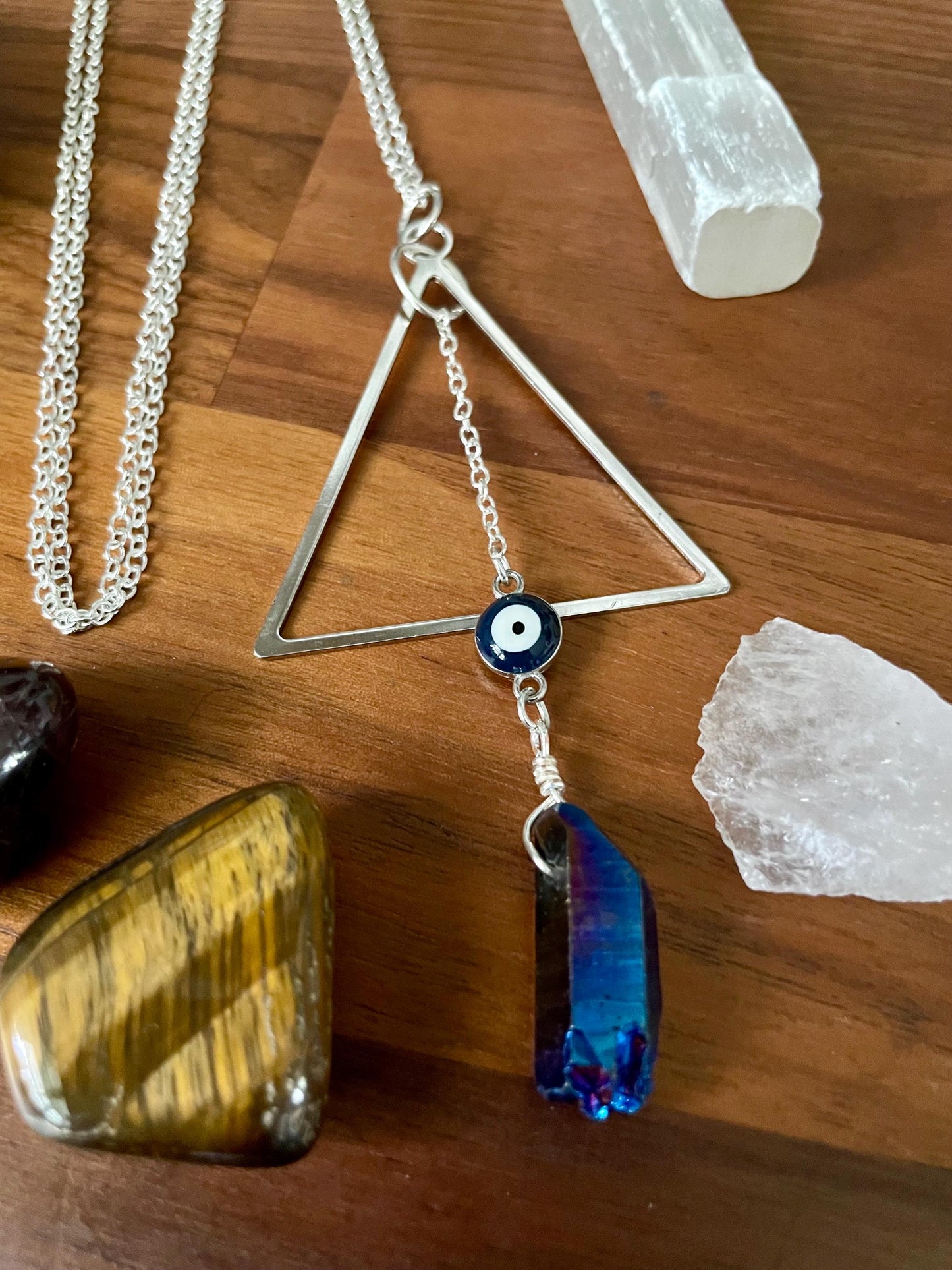 Celestial Sapphire Luster Quartz Evil Eye Triangle dangle statement Necklace | Nickel Free Hypoallergic chains | Witchy Boho Necklace