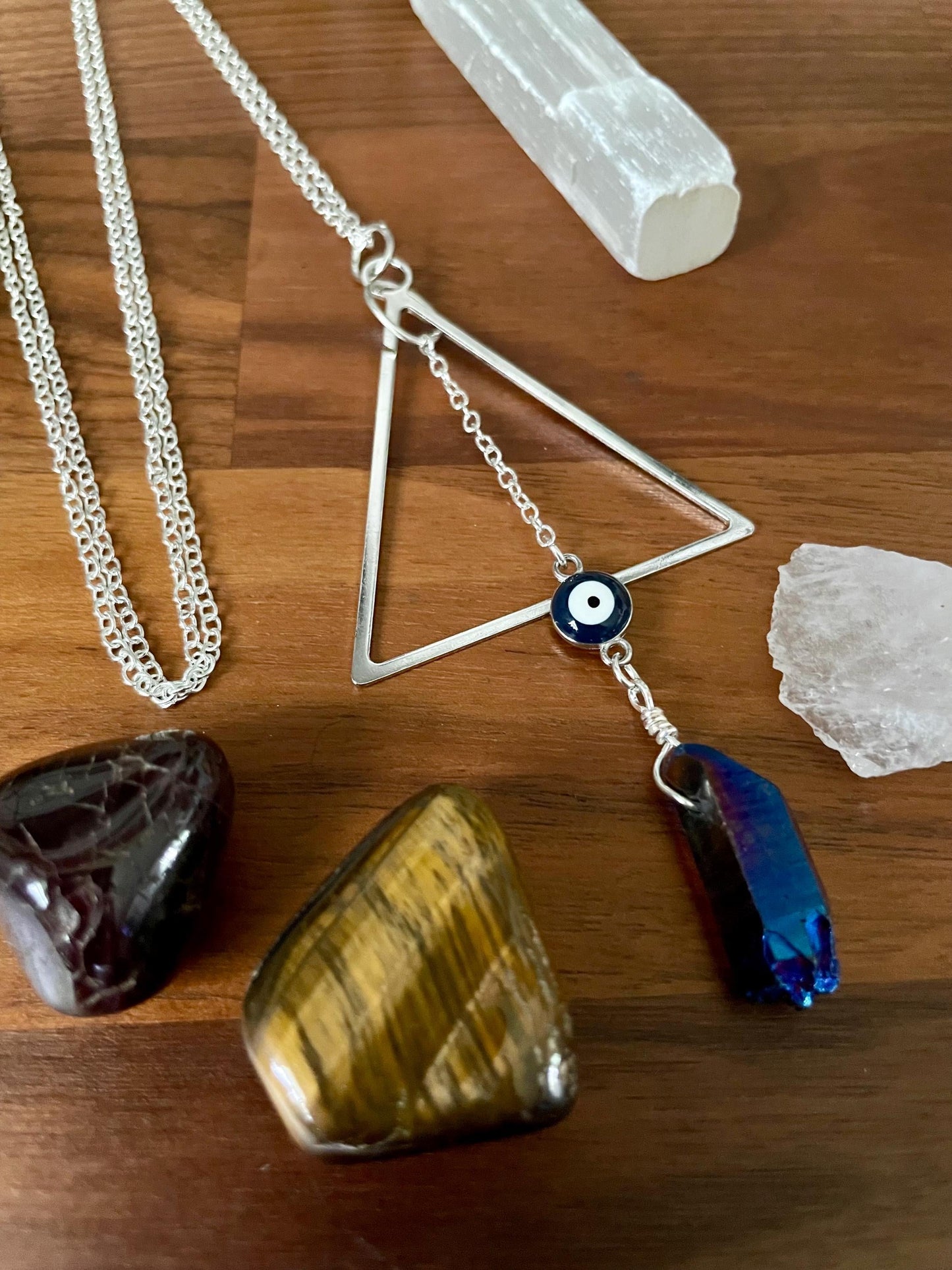 Celestial Sapphire Luster Quartz Evil Eye Triangle dangle statement Necklace | Nickel Free Hypoallergic chains | Witchy Boho Necklace