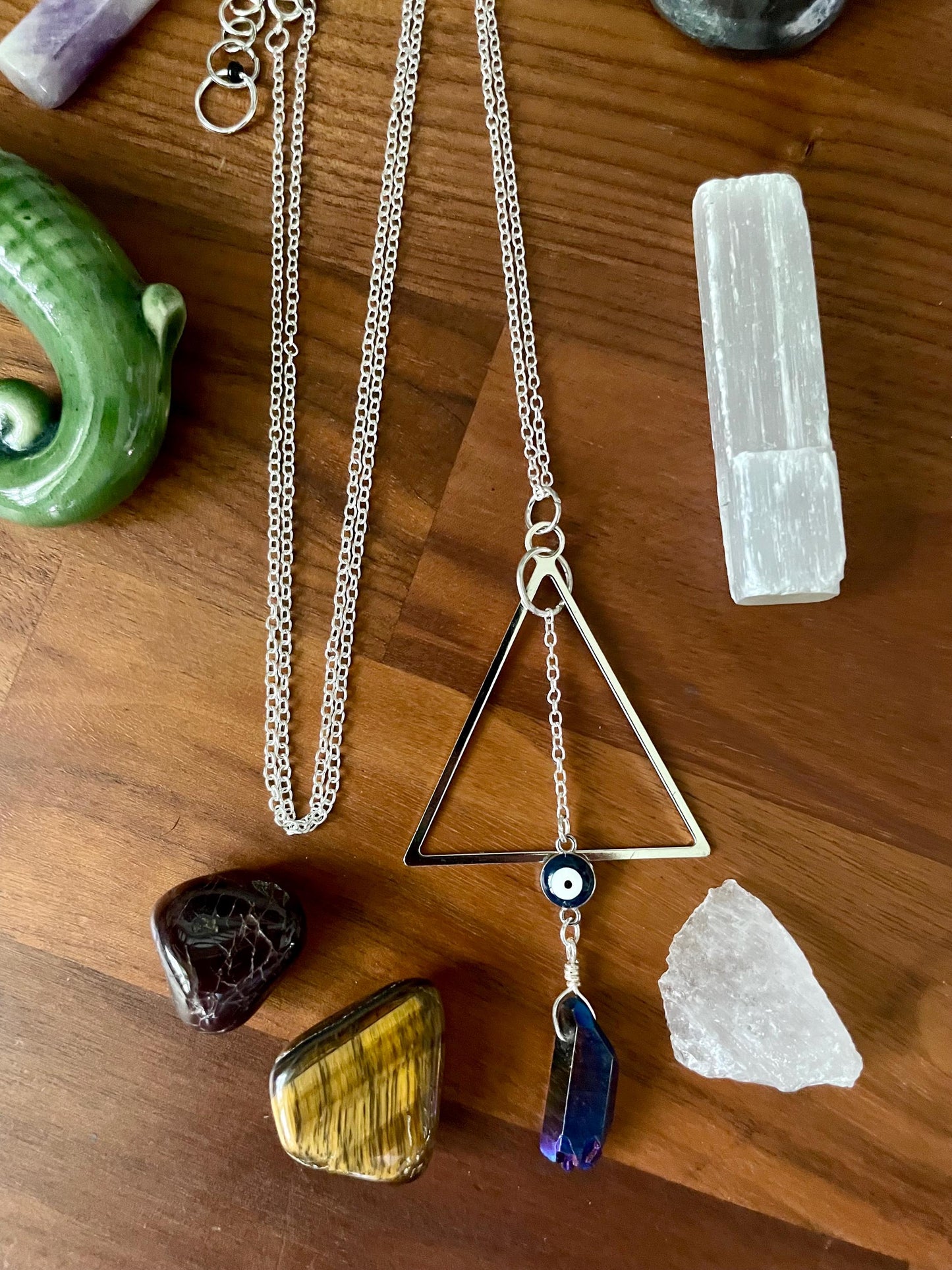 Celestial Sapphire Luster Quartz Evil Eye Triangle dangle statement Necklace | Nickel Free Hypoallergic chains | Witchy Boho Necklace
