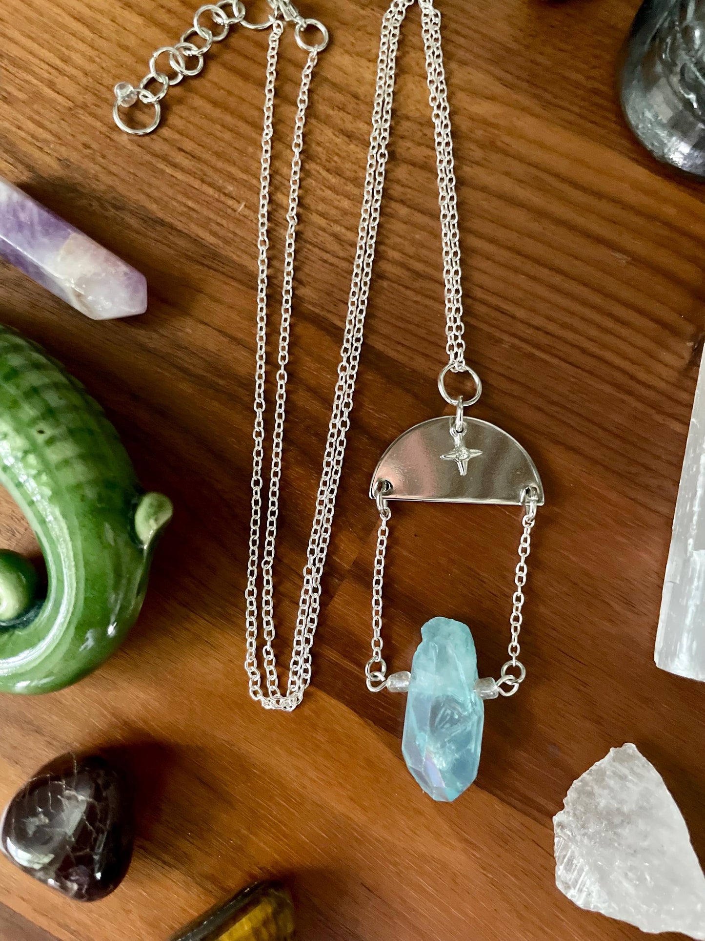 Aqua Quartz Crystal Silver Tone Twinkle Star Dangly Half Moon Statement Necklace | Halloween gifts | Nickel Free Hypoallergic