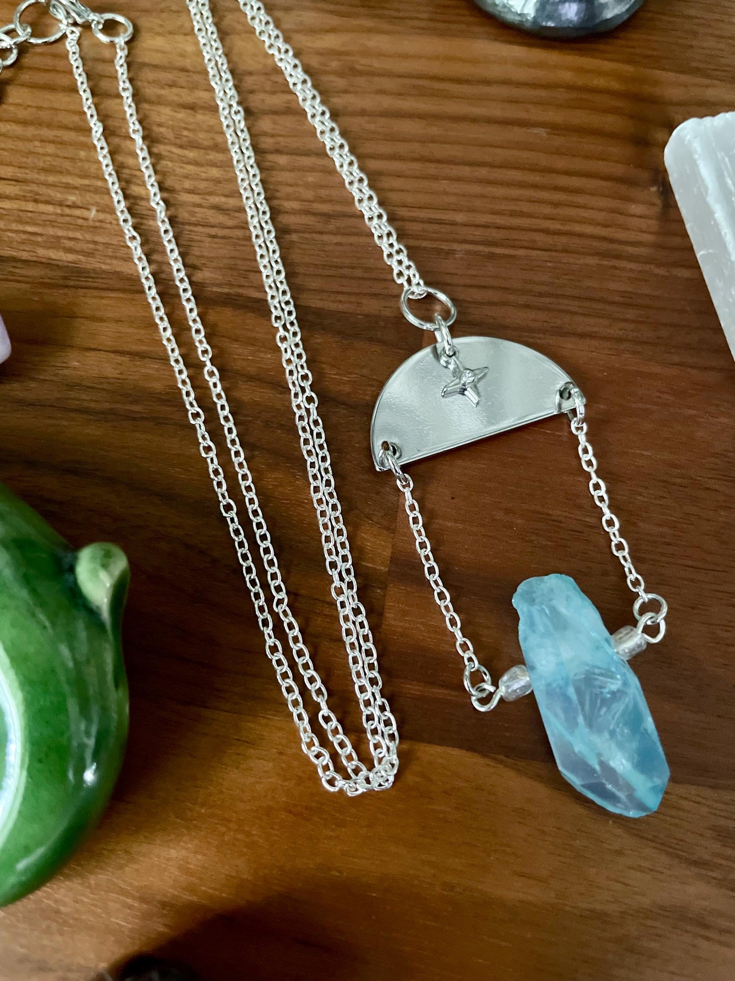 Aqua Quartz Crystal Silver Tone Twinkle Star Dangly Half Moon Statement Necklace | Halloween gifts | Nickel Free Hypoallergic
