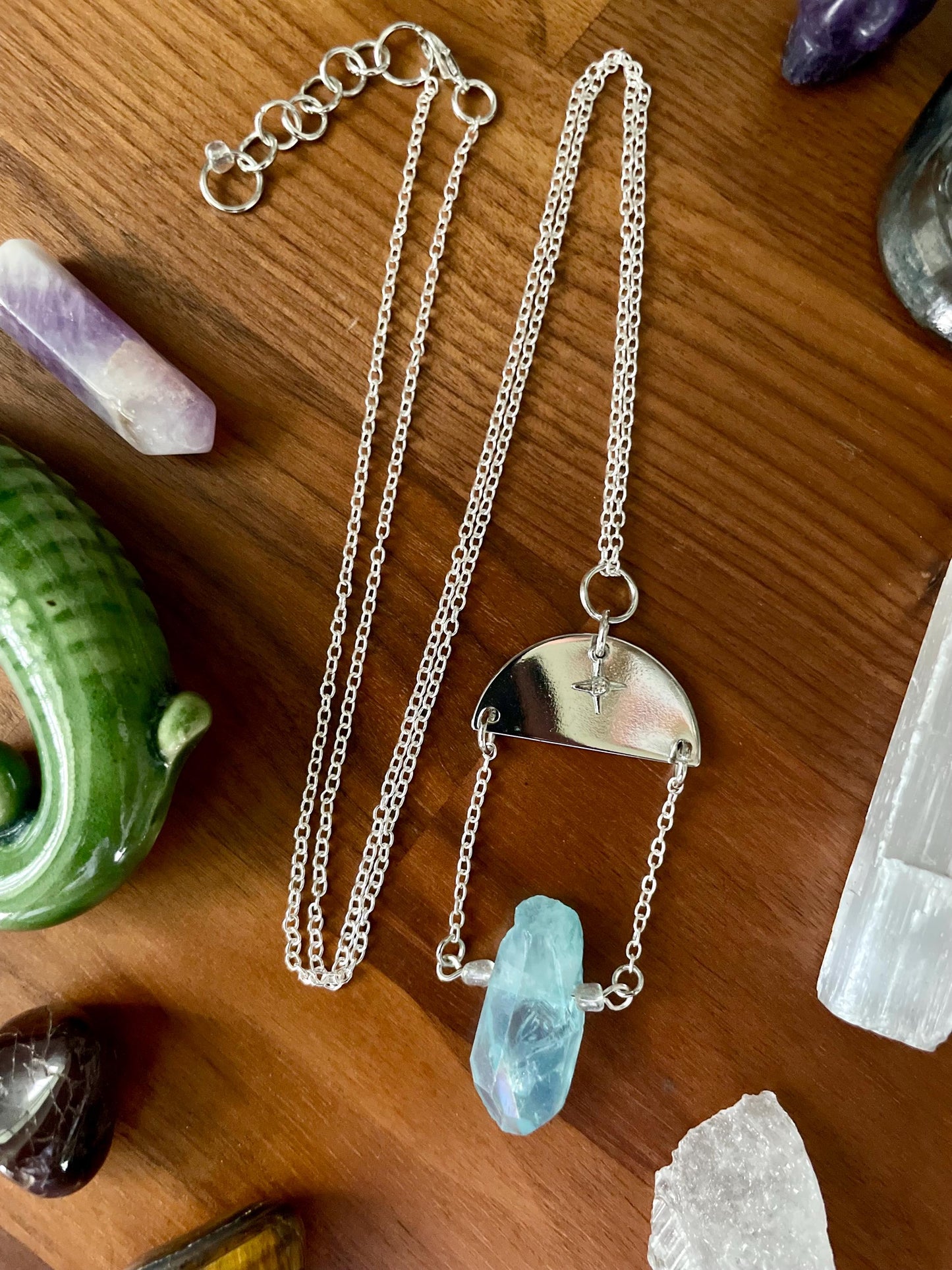 Aqua Quartz Crystal Silver Tone Twinkle Star Dangly Half Moon Statement Necklace | Halloween gifts | Nickel Free Hypoallergic