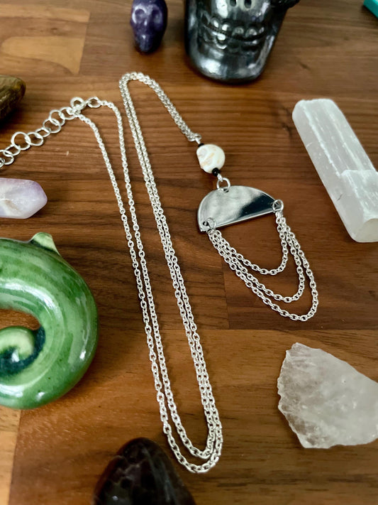 White Turquoise Skull Silver Half Moon Pendant Statement Necklace | Witchy Boho Dangly Statement necklace | Nickel Free Hypoallergic chains