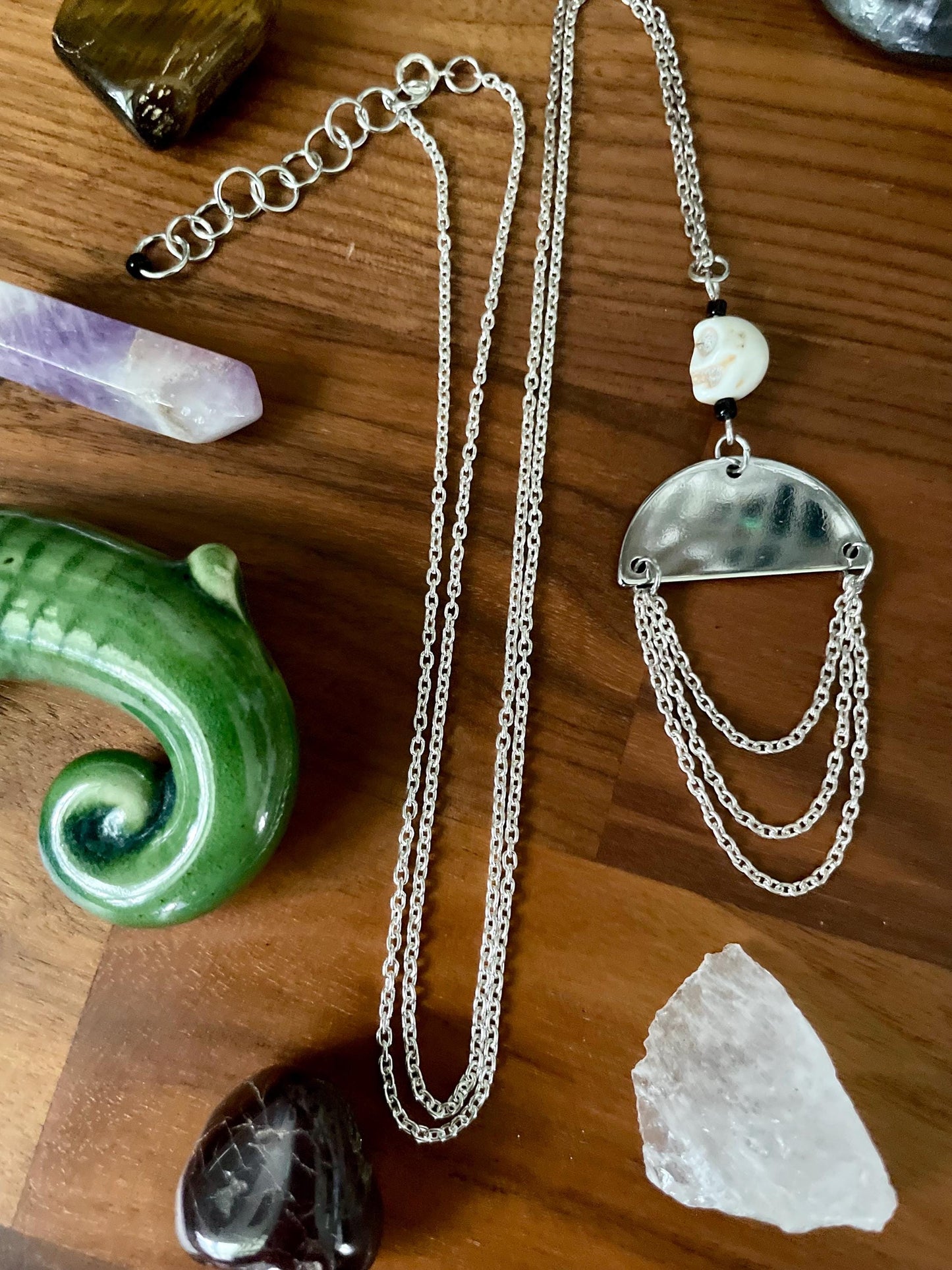 White Turquoise Skull Silver Half Moon Pendant Statement Necklace | Witchy Boho Dangly Statement necklace | Nickel Free Hypoallergic chains