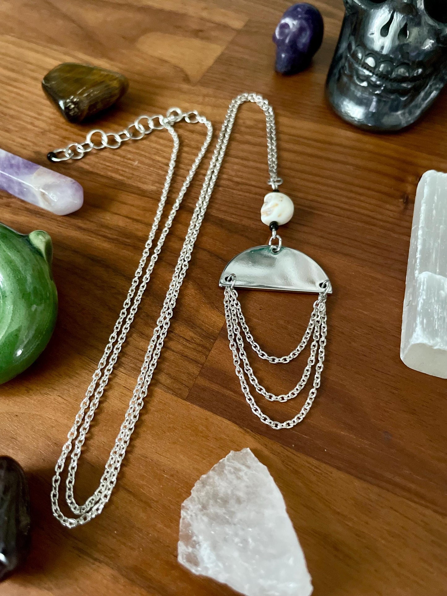 White Turquoise Skull Silver Half Moon Pendant Statement Necklace | Witchy Boho Dangly Statement necklace | Nickel Free Hypoallergic chains