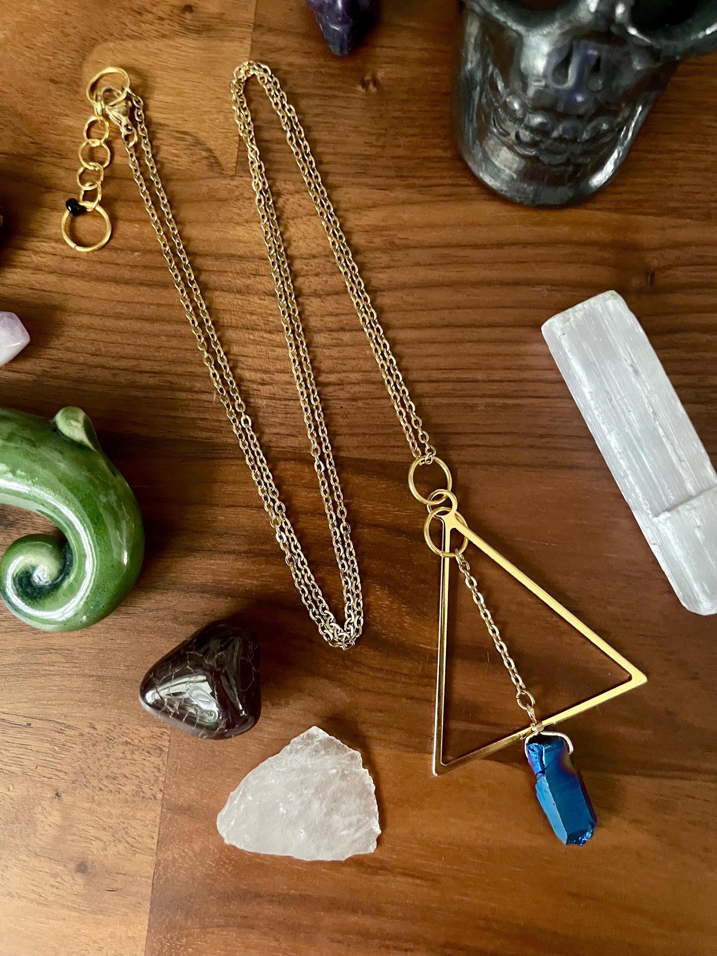 Celestial Sapphire Luster Quartz Gold Tone Triangle Pendant Statement Necklace | Nickel Free Hypoallergic chains | Witchy Boho Necklace