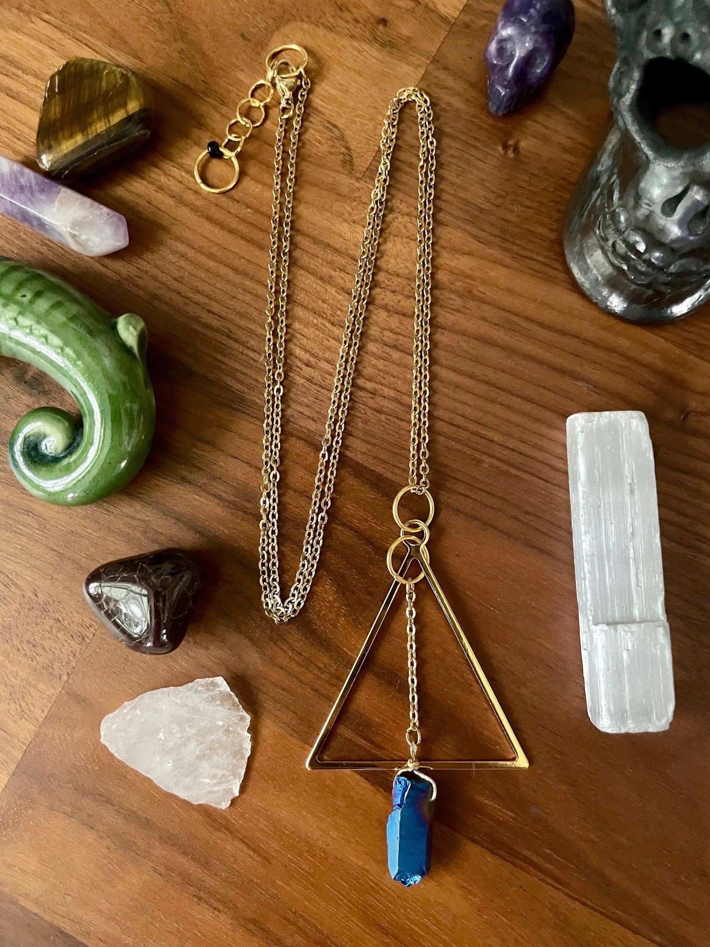 Celestial Sapphire Luster Quartz Gold Tone Triangle Pendant Statement Necklace | Nickel Free Hypoallergic chains | Witchy Boho Necklace
