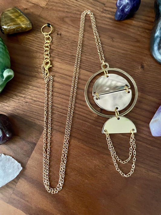 Golden Spellbinder Statement Necklace | Witchy Boho Circular Pendant | Nickel Free Hypoallergic gold tone chain