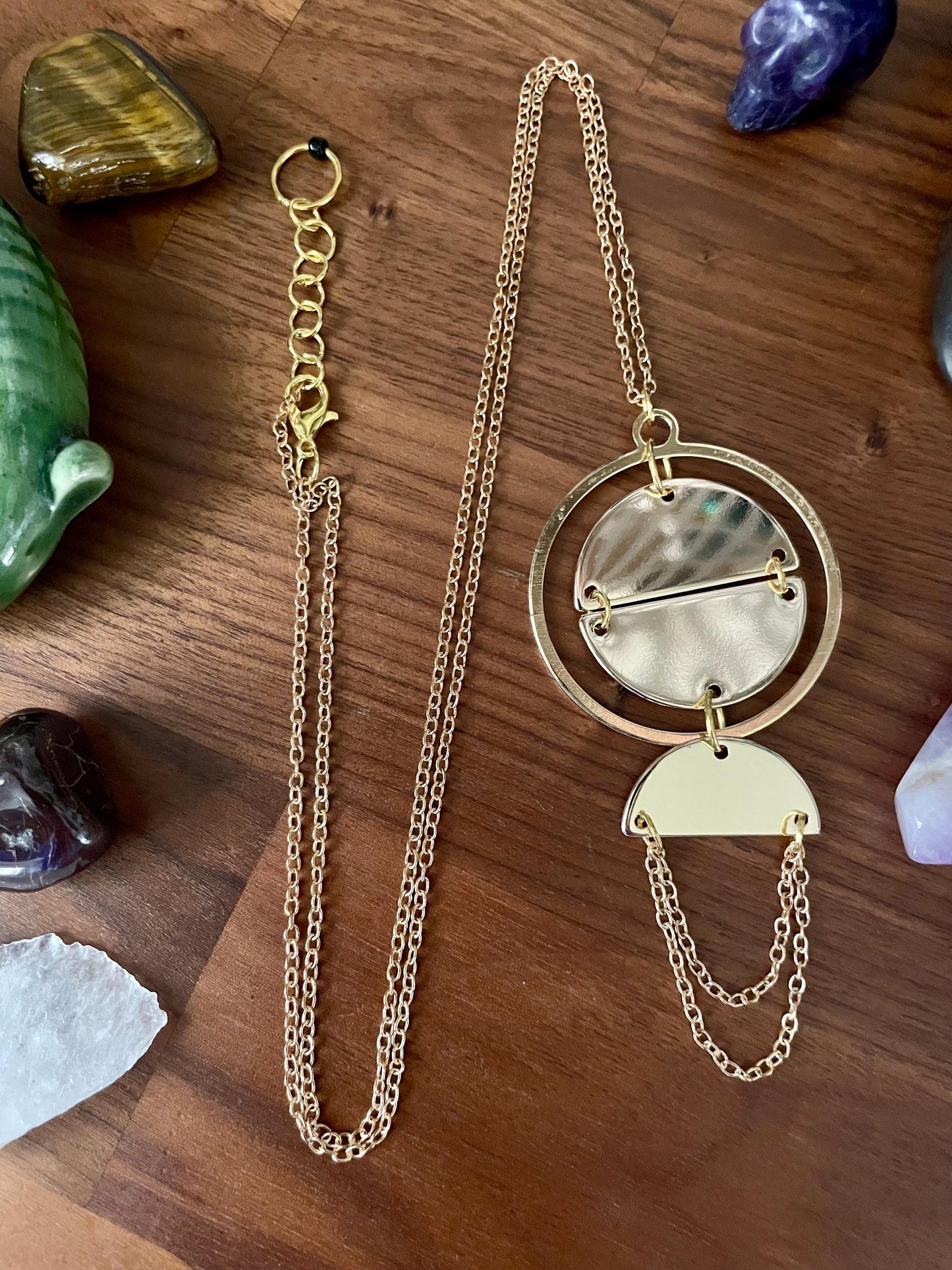 Golden Spellbinder Statement Necklace | Witchy Boho Circular Pendant | Nickel Free Hypoallergic gold tone chain