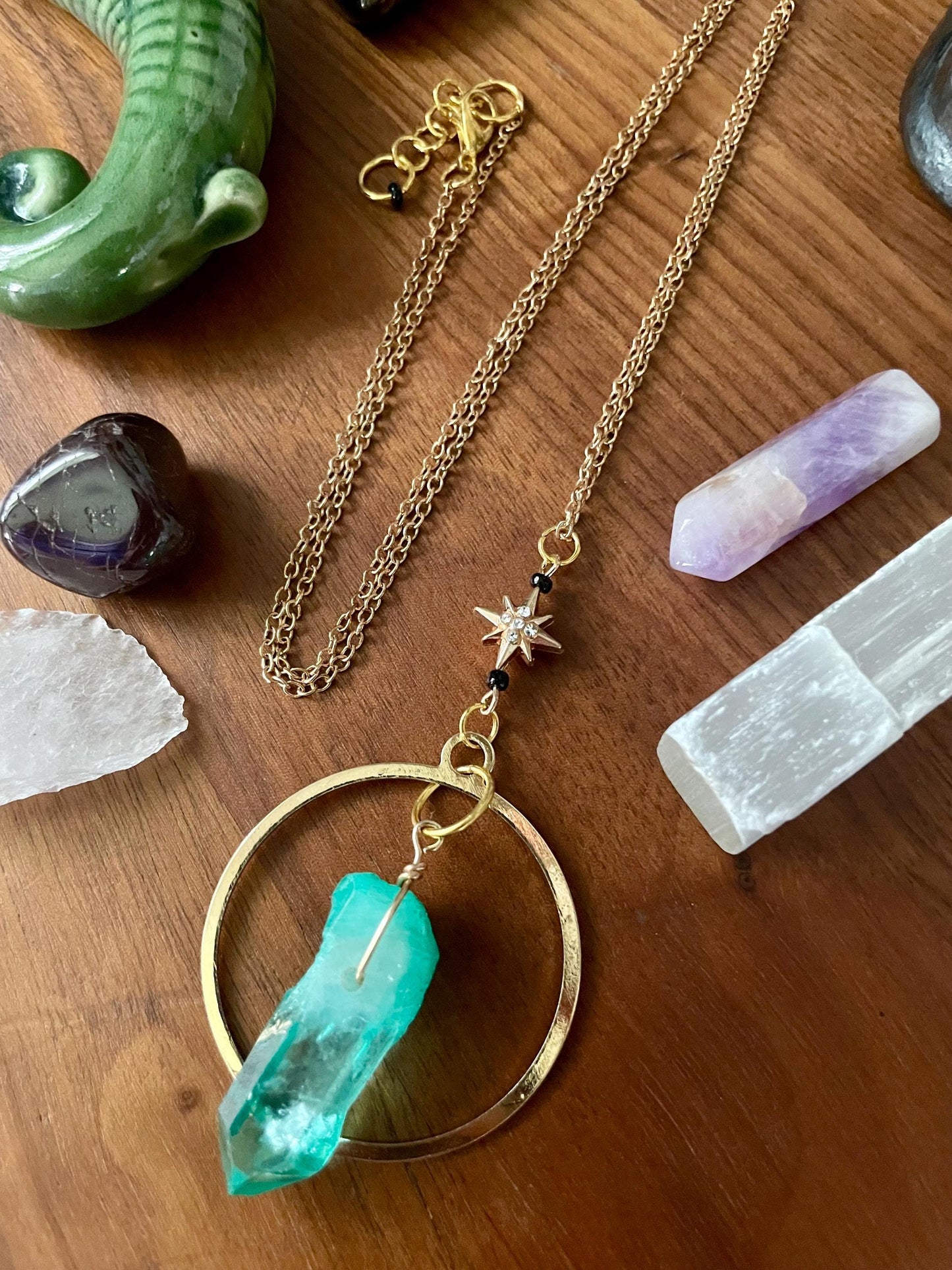 Celestial Green Sedona Quartz Twinkle Star Gold Dangle Statement Necklace | Nickel Free Hypoallergic chains | Witchy Boho Necklace