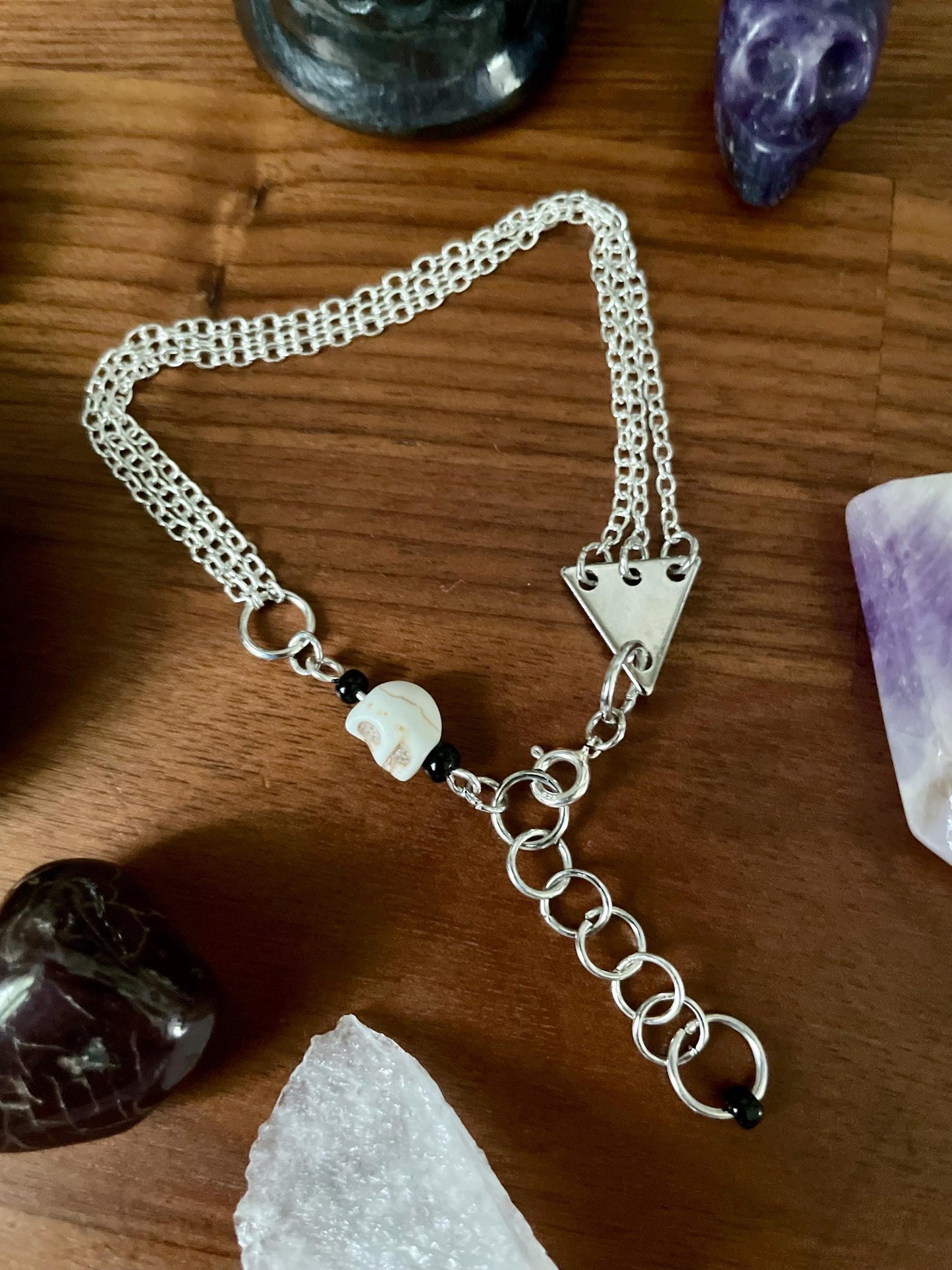 Howlite skull dangly three chain adjustable size bracelet | Witchy boho punk bracelet | Nickel Free Hypoallergic silver tone chain