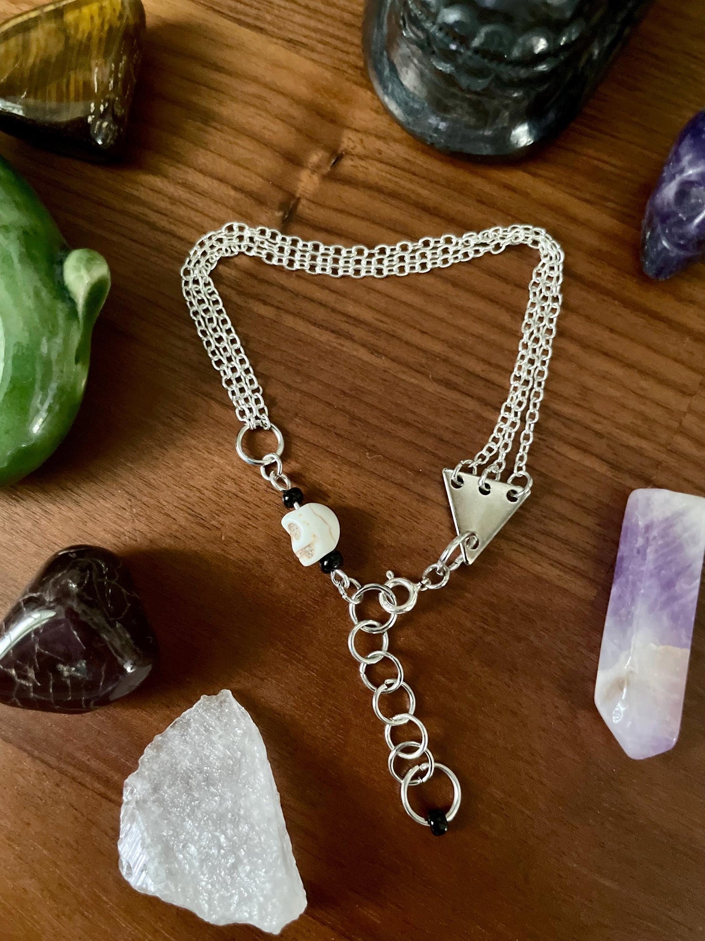 Howlite skull dangly three chain adjustable size bracelet | Witchy boho punk bracelet | Nickel Free Hypoallergic silver tone chain